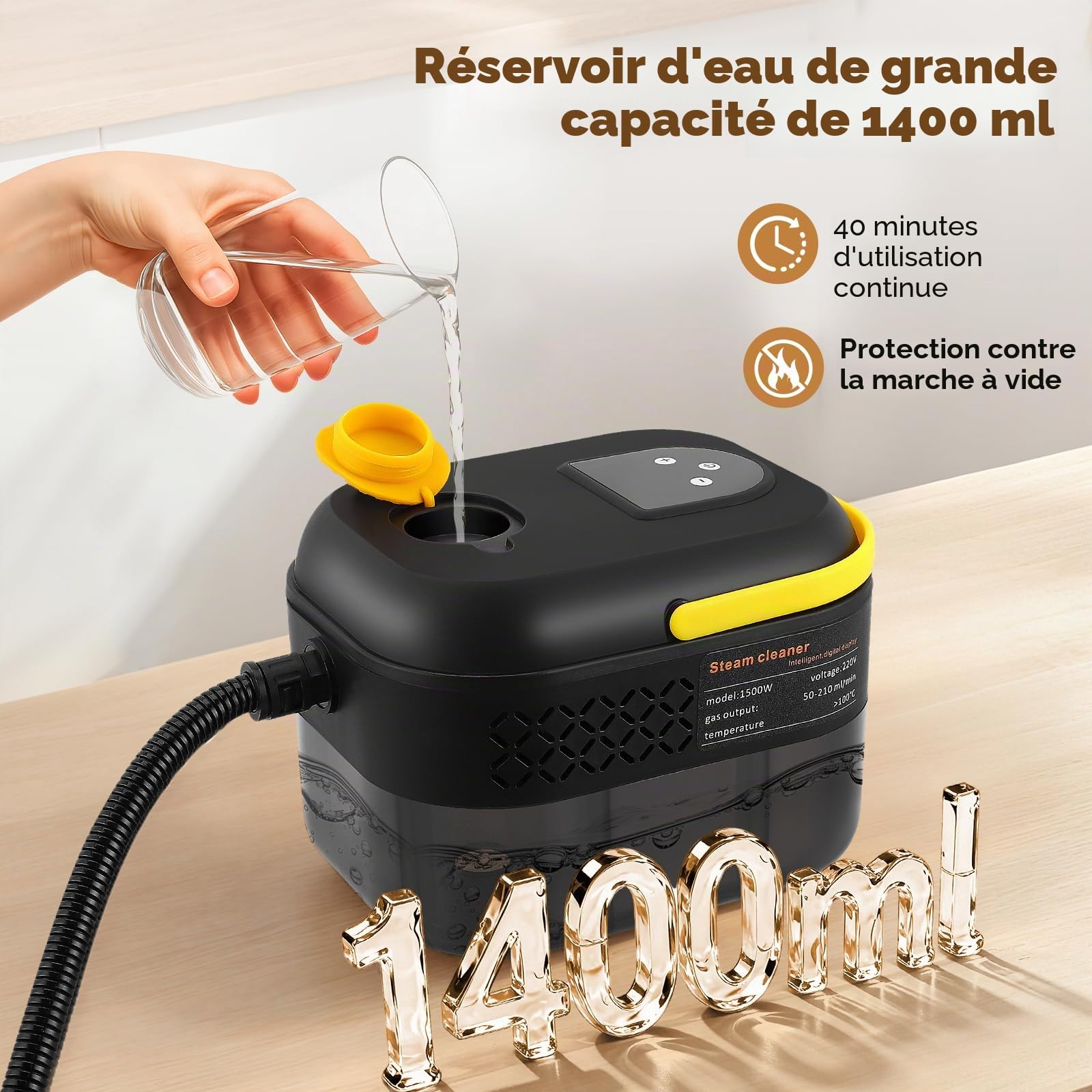 Nettoyeur Vapeur Professionnel,1400ML Réservoir d'eau de Grande Capacité, 10 S Chauffage Rapide,Nettoyeur Haute Température Puissant, Élimine Graisses Pour Salon, Cuisine, Salle de Bain