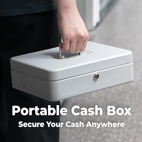 Miniatura 5 de Volcora Caja de Efectivo Grande con Cerradura de Llave, Caja de Dinero de Metal para Efectivo, Caja Fuerte Portátil con Cerradura y Bandeja de
