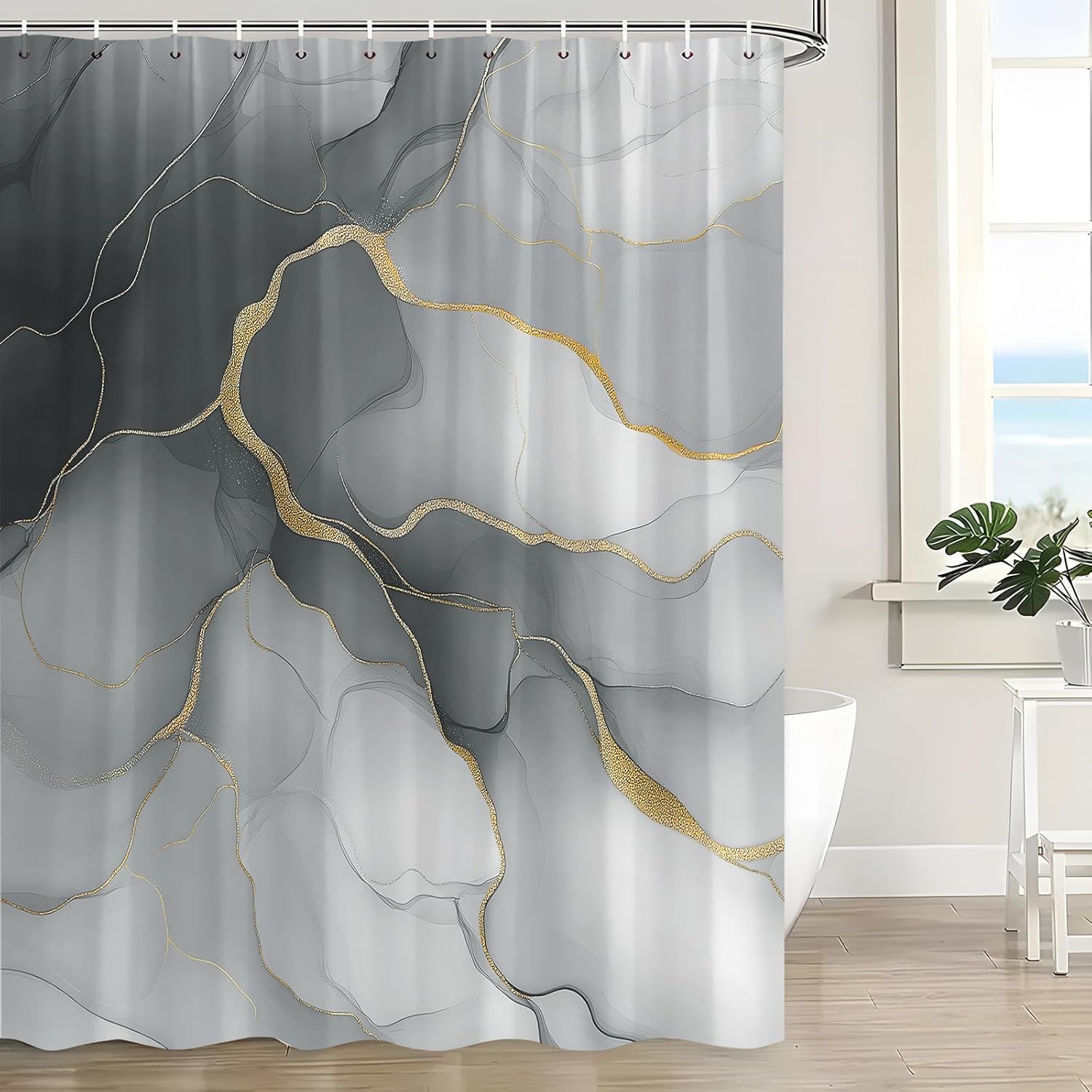 Grey Black Marble Shower Curtain Gold Abstract Modern Bathroom Decor Luxury Art Ink Texture Watercolor Polyester Fabric Bath Curtain 70 x 83 Inch