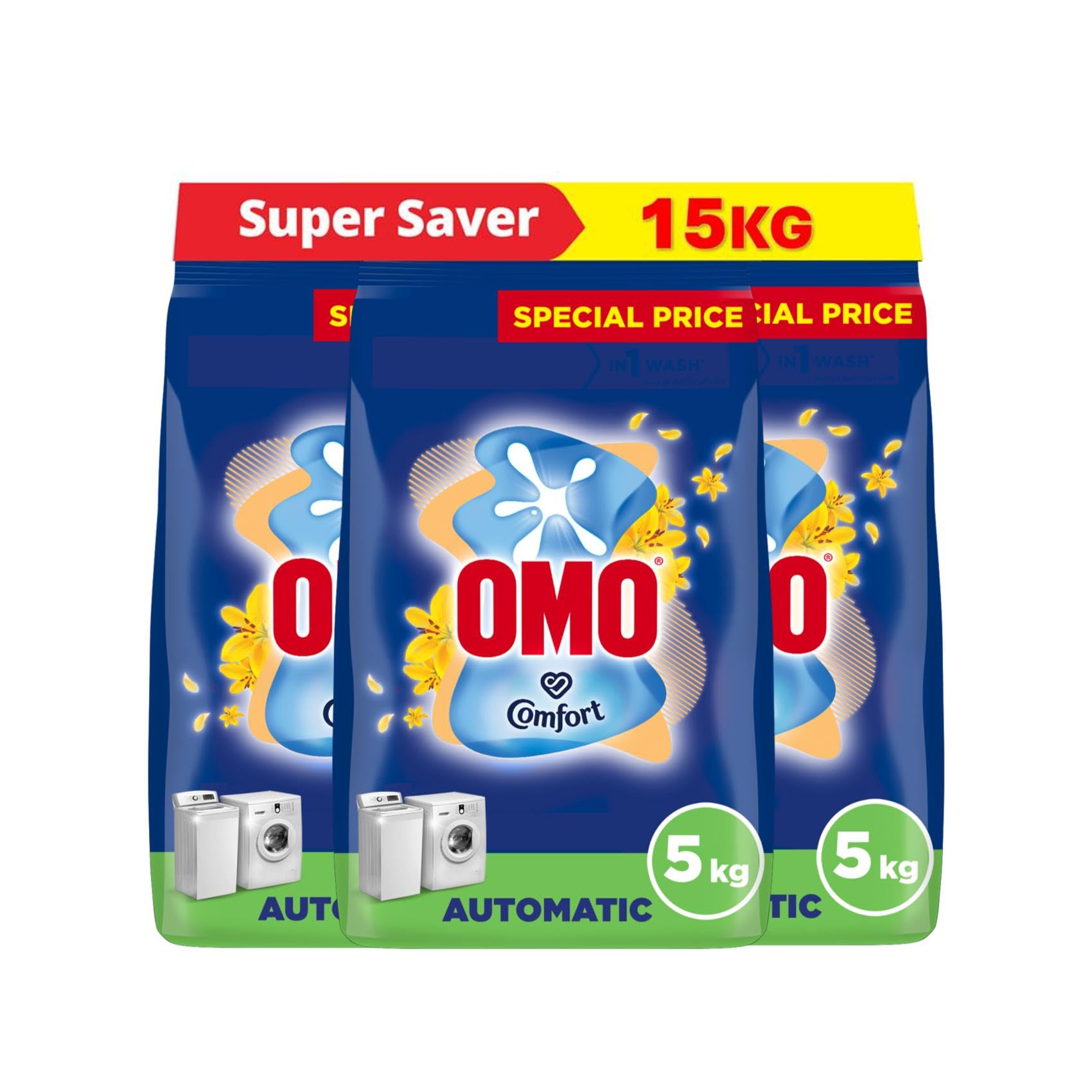 Automatic Laundry Detergent Powder, Touch of Comfort, up to 100% stain removal in 1 wash*, 15 Kg (5 Kg x 3), Packaging may vary