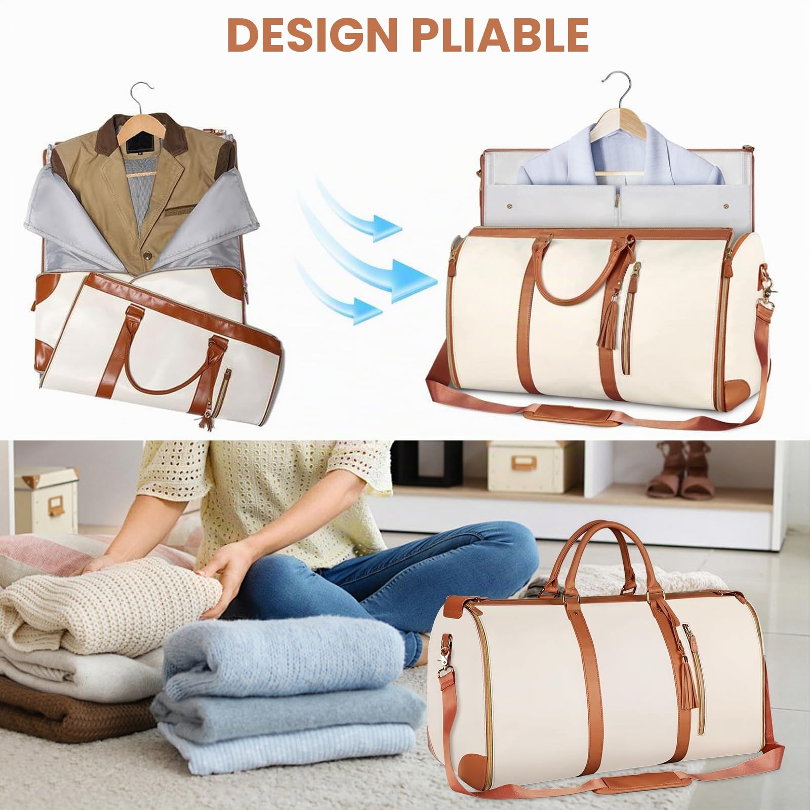 Sac de Voyage Pliable, Sac Voyage Cabine, Sac de Sport Femme Etanche, Grande Travel Bag, Sac Weekend Femme, Portable Duffle Bag, Valise Suspendue 2 en 1, Sac de Vetement Pliable Voyage (Blanc)