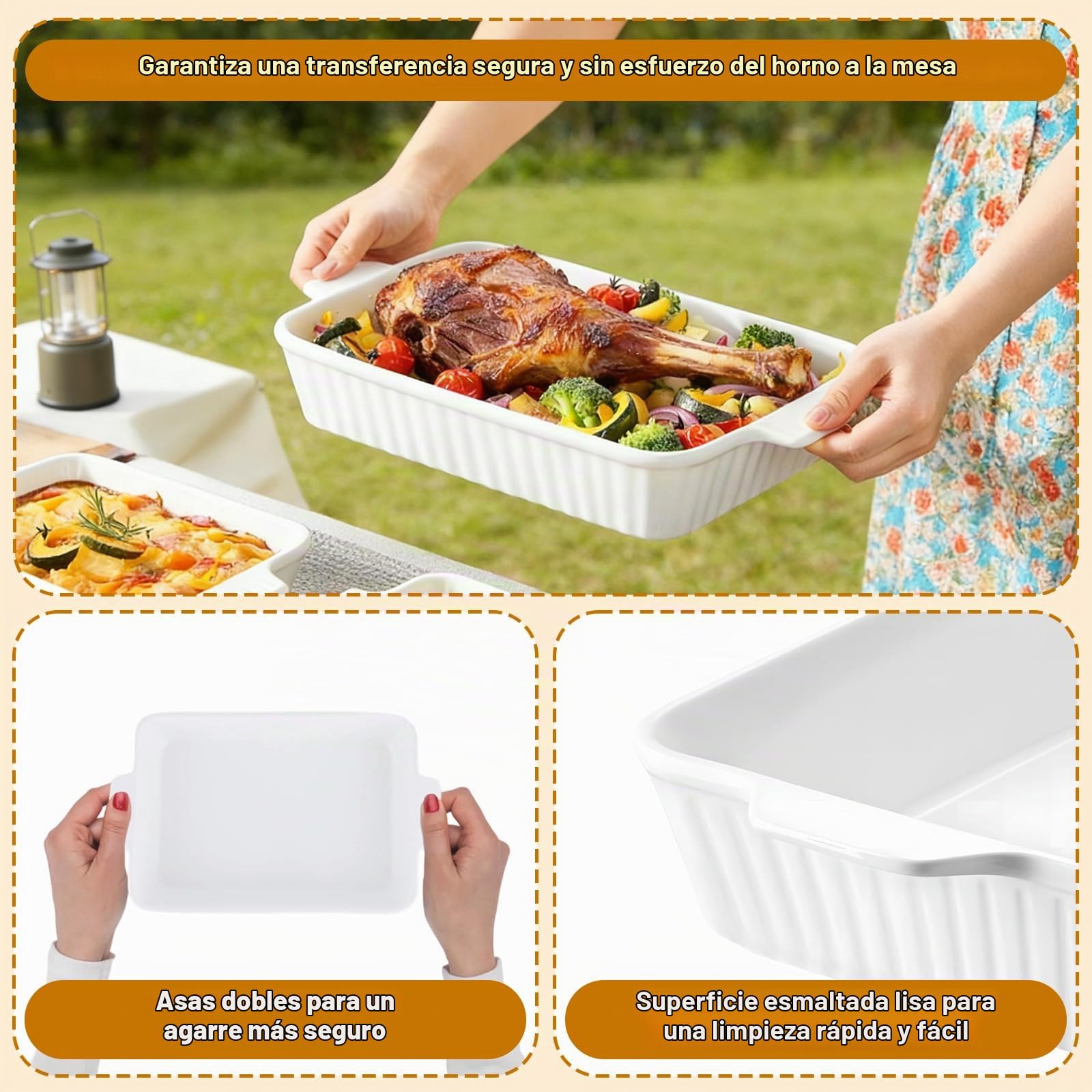 3.8L Fuente Horno Cerámica Blanco con Mango Anti-Calor, 38x23x7.3cm Bandeja de Porcelana Multifuncional Apto Lavavajillas, Freezer y Microondas para Gratinar Lasaña, Guisos y Postres