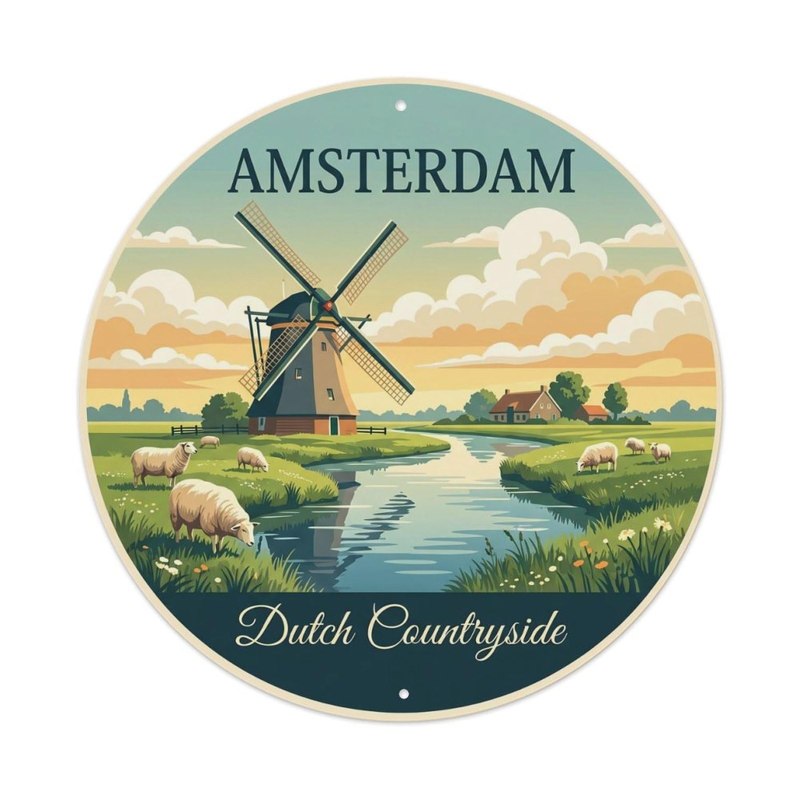 Vintage Travel Amsterdam Windmill Countryside Metal Tin Sign Plaque