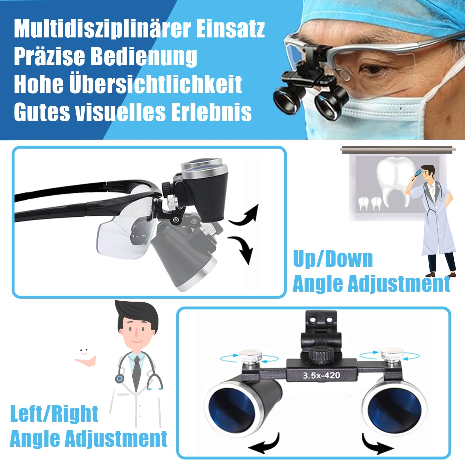 Zahnärztliche Brille, fache Fernglas-Lupe, Dentallupe 3,5X 420 mm Arbeitsabstand aus optischem Glas, inkl.Alu-Koffer