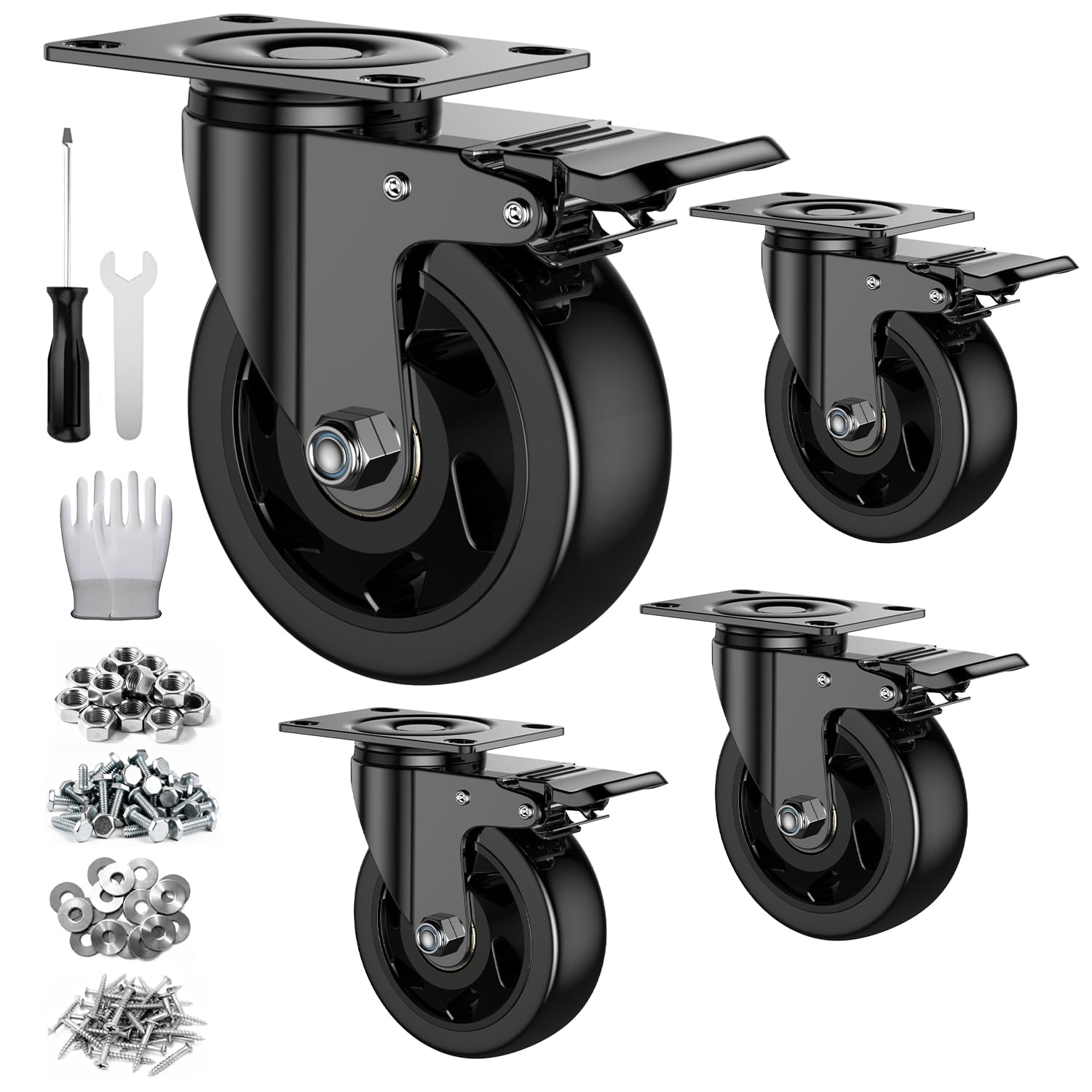 Sohnvwtgd Black 4 Inch Casters Wheels, Casters Set Of 4 Heavy Duty With Brake 2200Lbs, Locking Swivel Plate Caster, Industrial Castor Wheels For Carts, Furniture And Workbench(Screws And Spanner)