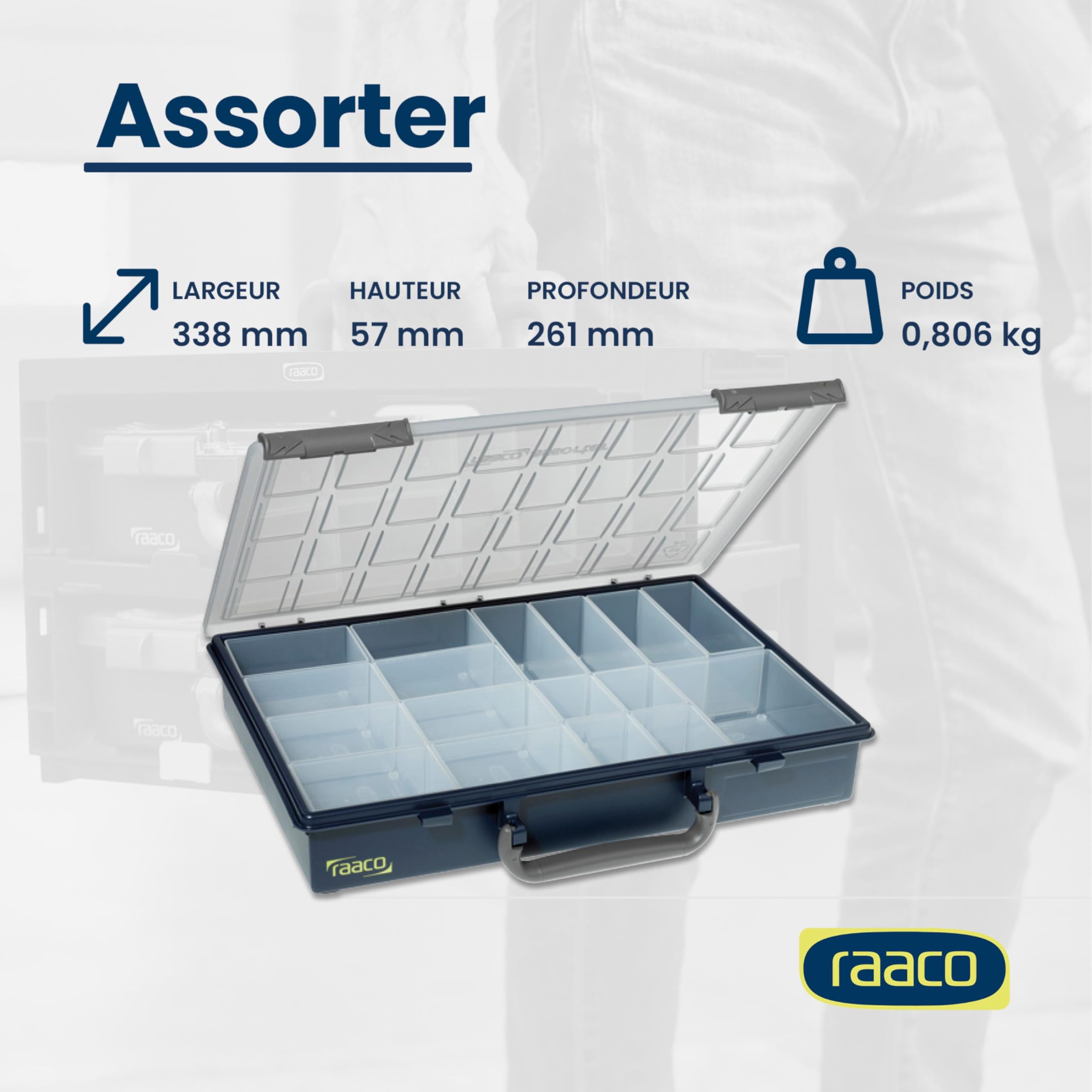 Raaco Assorter 55 4x8-17 boîte de rangement, lot, 26.1 x 33.8 x 5.7 cm | Boîte de Rangement pour Atelier avec 17 Godets, Stockage Sécurisé, Portable, 26.1 x 33.8 x 5.7 cm, Boîte à Outils, accessoire