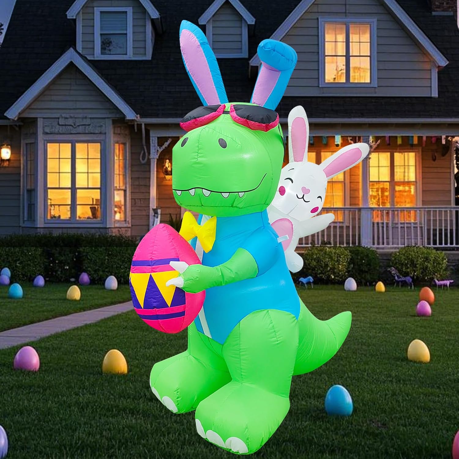 6FT Easter Inflatables Yard Outdoor Decorations, Cute Easter Inflatable Dinosaur Bunny with Eggs, Blow Up Yard Decorations Outdoor