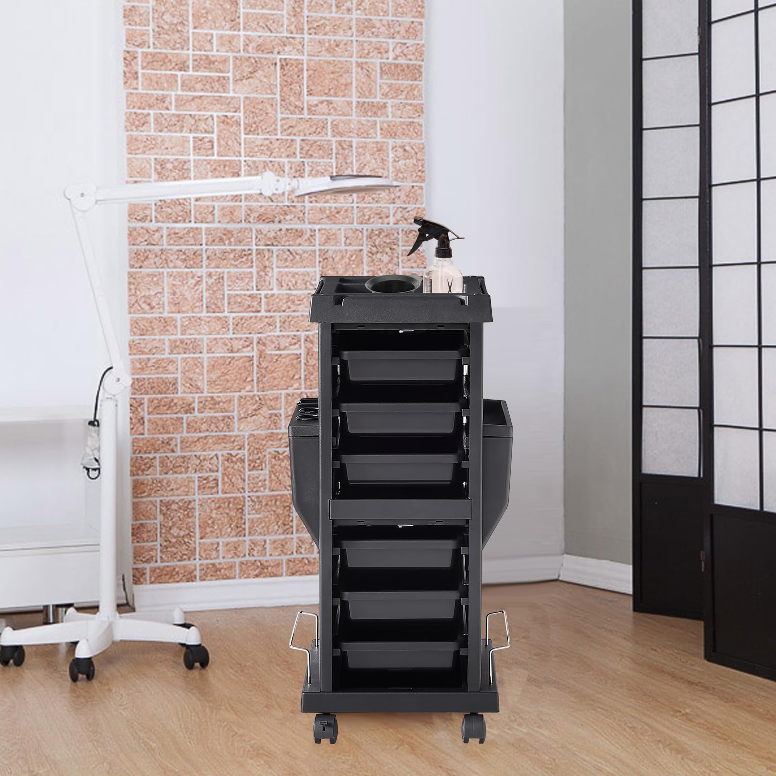 VEVOR Chariot organisateur de salon de coiffure, station sécurisée avec 6 plateaux amovibles et support d'appareils, chariot de barbier durable avec roulettes verrouillables
