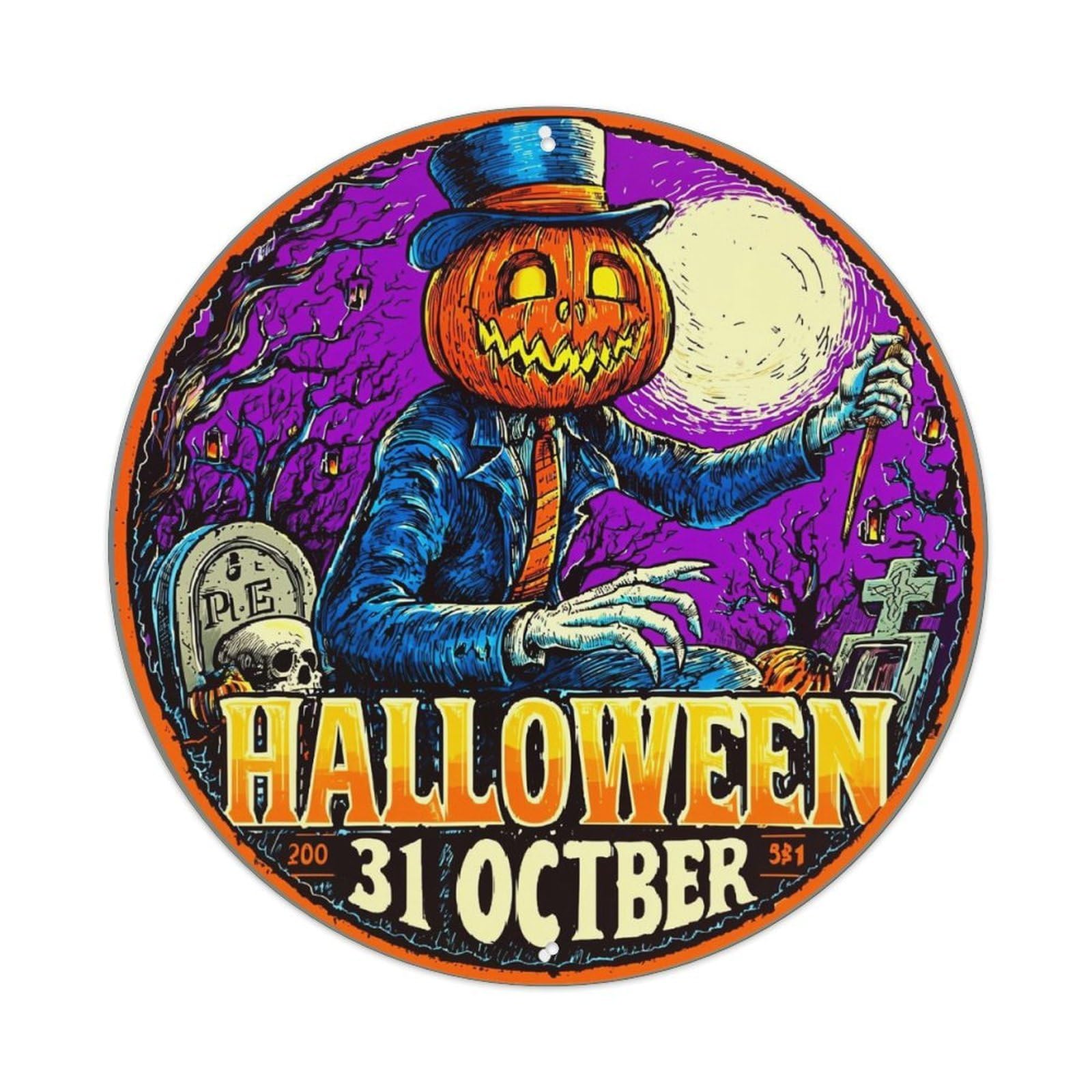 Pumpkin Head Man Graveyard Moon Retro Metal Sign Round Tin Sign, Vintage Decor Art Poster for Bar, Home, Man Cave, Kitchen, Laundry Room Gift 8x8Inch