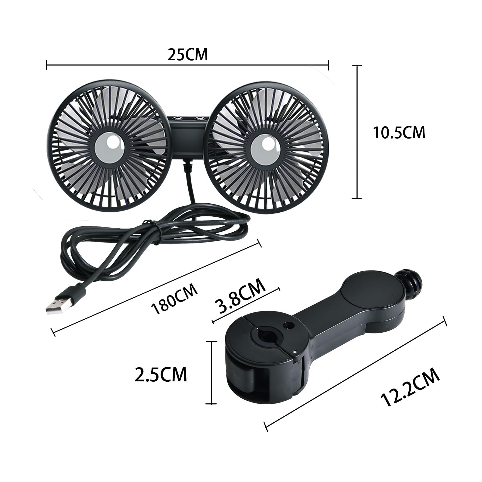 Ventilador de coche para asiento trasero, silencioso de 12 V, 3 velocidades, rotación de 360°, ventilador USB de doble cabezal, fuerte potencia eólica para autos universales, SUV, sedán 6