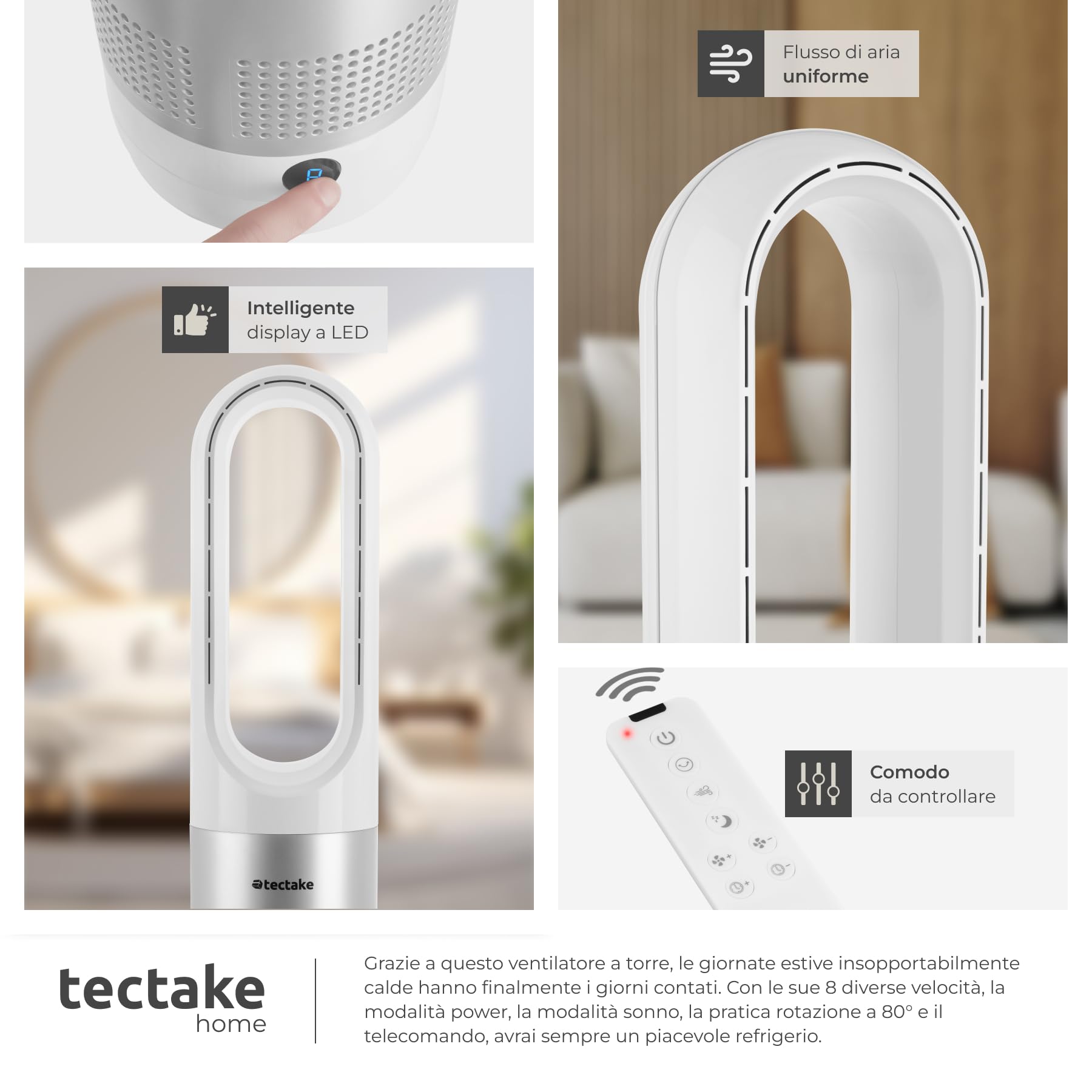 tectake® Ventilatore a Torre Silenzioso, Ventilatore Portatile a Piantana Senza Pale, 8 Velocità, Oscillazione 80°, Timer Regolabile, Pannello Touch LED, Telecomando, Per Casa e Ufficio - Bianco