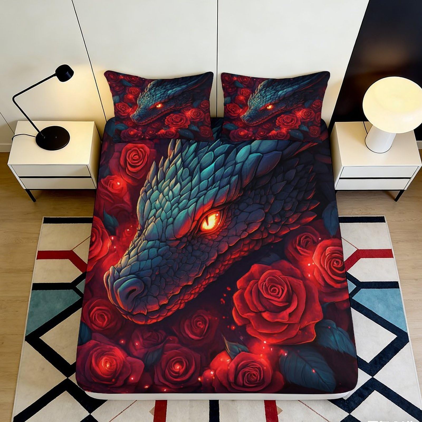 Rqzkjxnhpf Style-1 3D Printed Dragon Rose Fitted Sheet Microfiber Deep Pocket Non-Slip Bedroom Dragon Rose Mattress Fitted Cover Washable For Adults 200X200x25cm 90X200x25cm