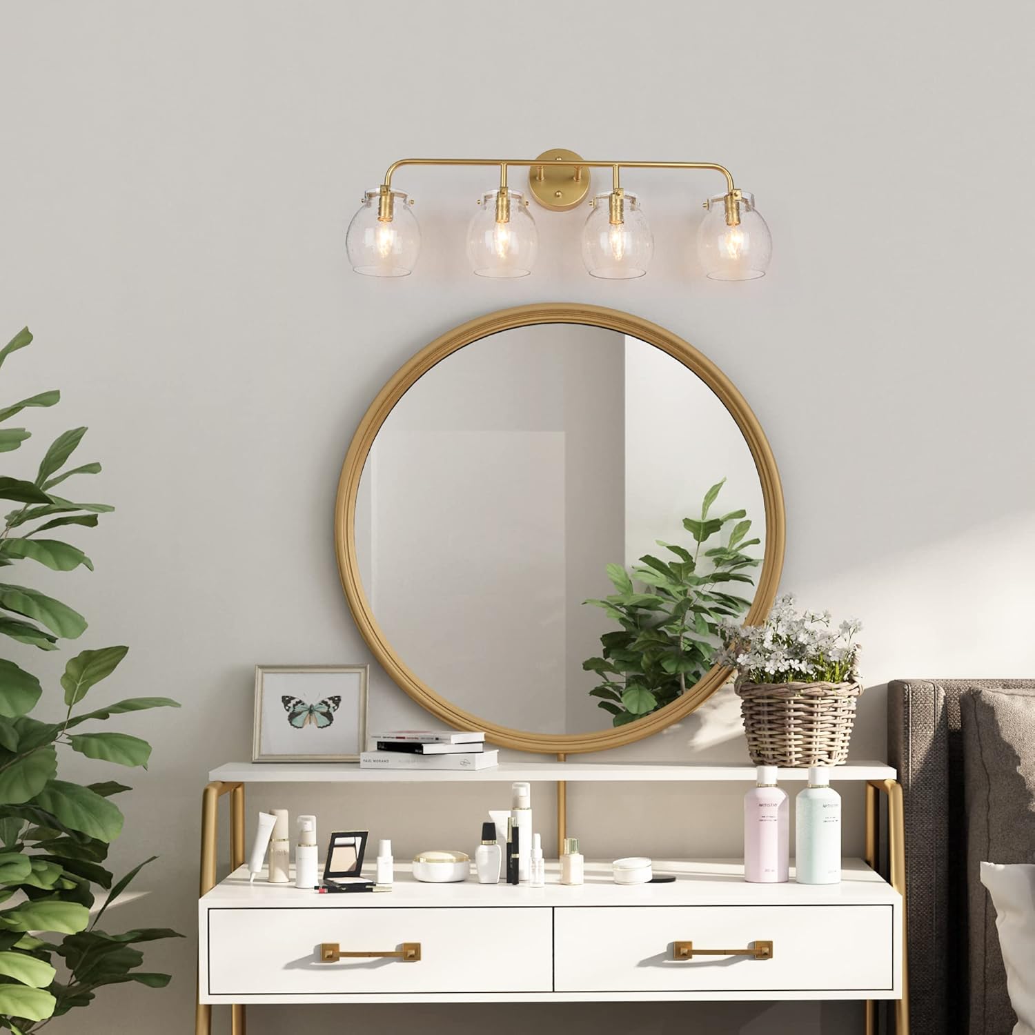 Durent Lighting Gold Vanity Lights, Modern Seeded Glass Bathroom Light Fixtures, 4 Light Bathroom Lighting Over Mirror,29" L x 7" W x 10" H