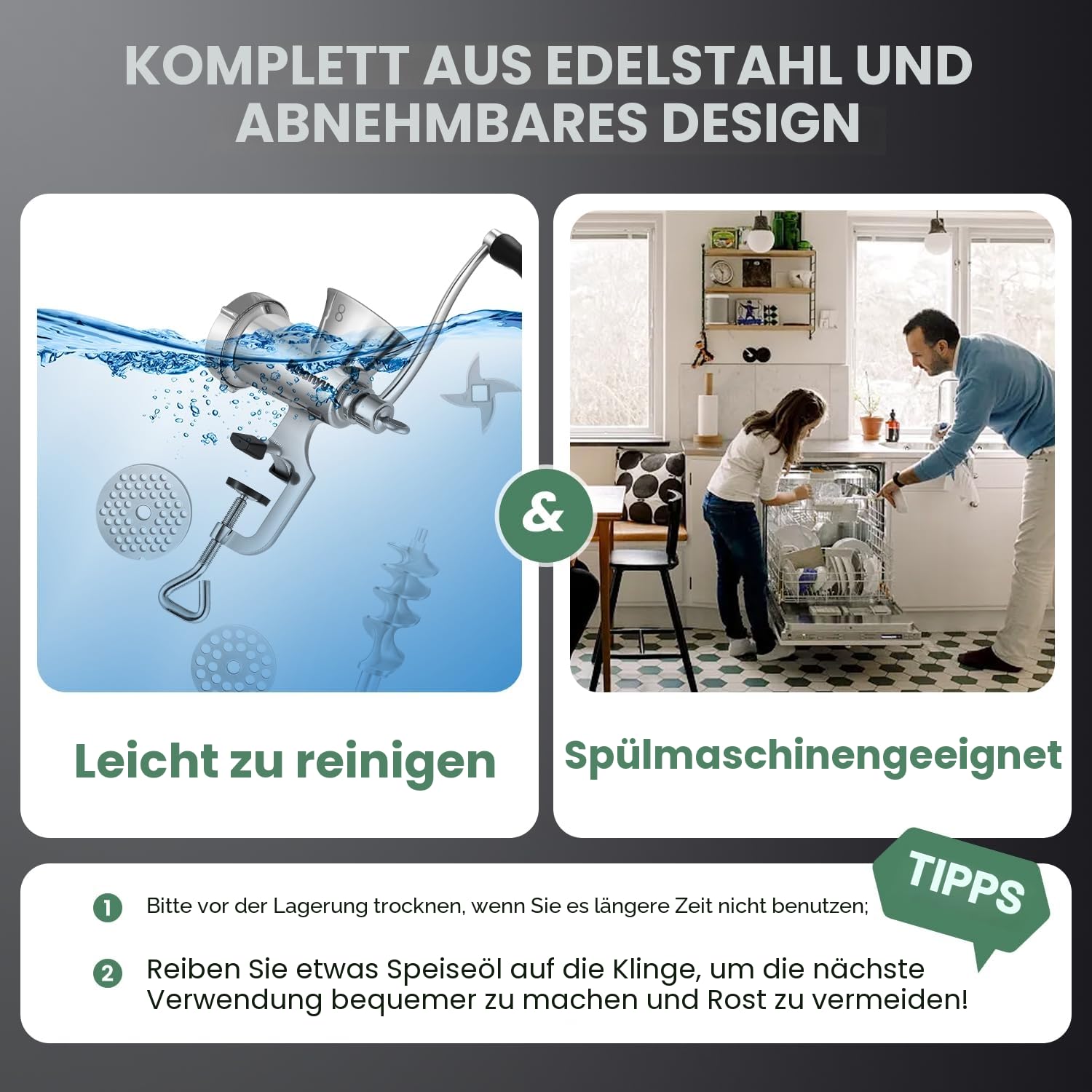 Huanyu Manuell Fleischwolf Edelstahl mit Wurstfüller für Schweinefleisch, Rindfleisch und Gemüse Haushalts Maschine M8