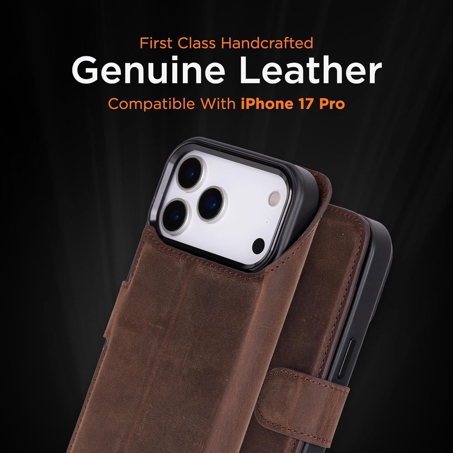 Bayelon Wallet Case for iPhone 17 Pro 6.3", Full Grain Leather Wallet Case, Detachable Magnetic Flip Folio Cover, Card Holder, MagSafe Compatible, RFID Blocking Case (Dark Brown)