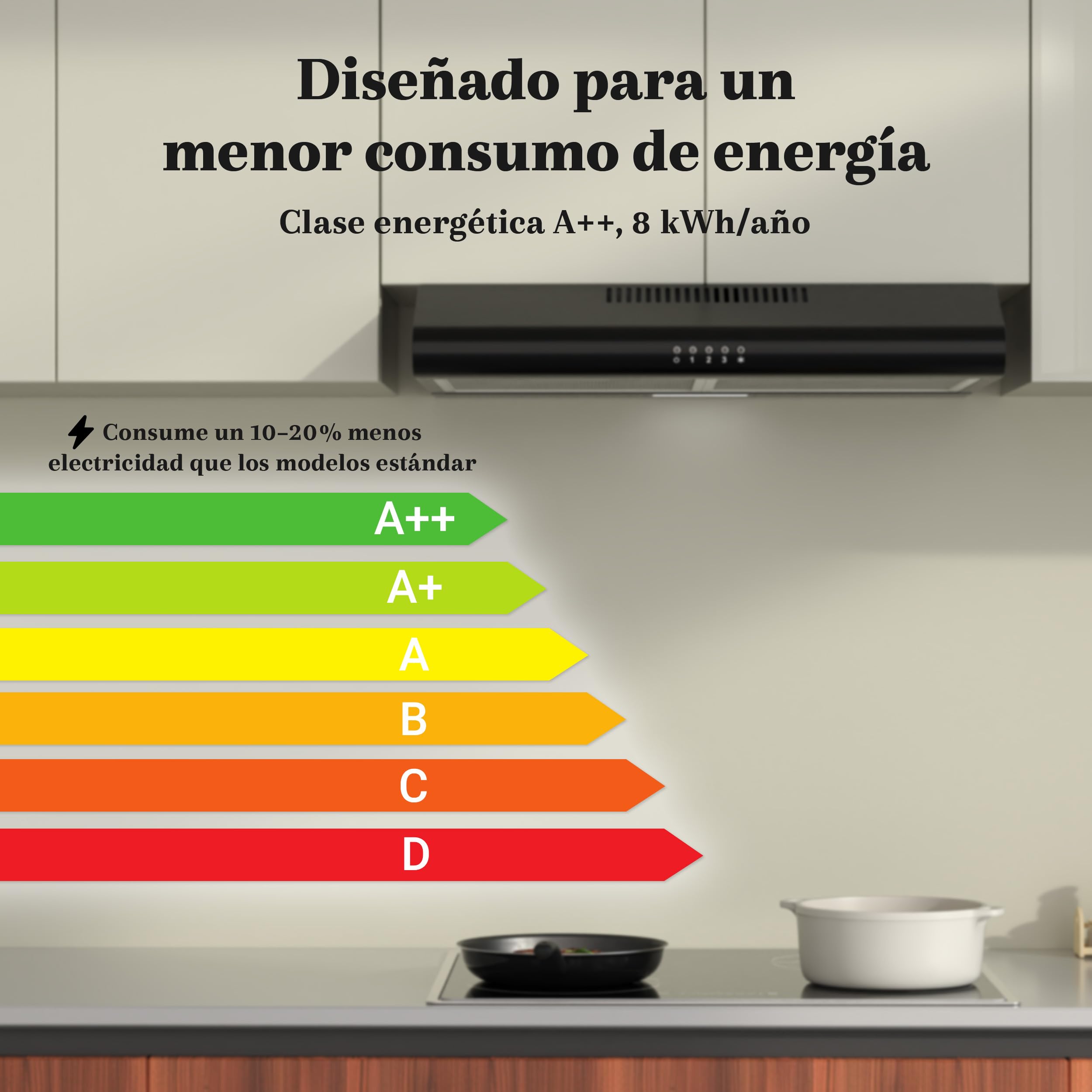 FIREGAS Campana Extractora 60cm Negra A++, Motor Brushless Silencioso 46dB, 319m³/h, Acero Inoxidable, Salida Superior/Trasera o Recirculación, Incluye 2 Filtros de Carbón