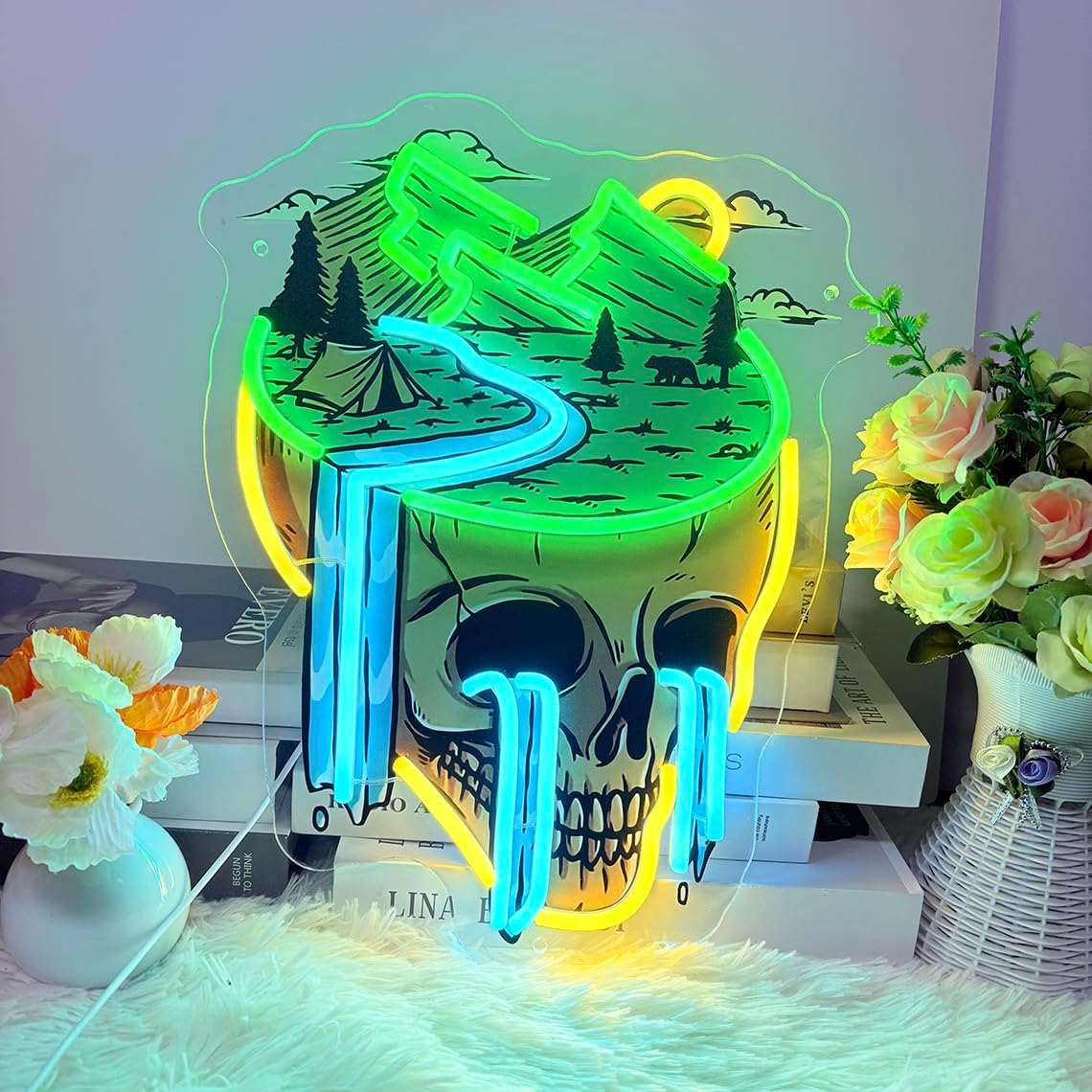 Warmthwish Mountain View Skull Neon Sign for Wall Decor Mountain Landscape Neon Light Pop Art Gifts for Family Office Wall Decor Aesthetic Wall Art