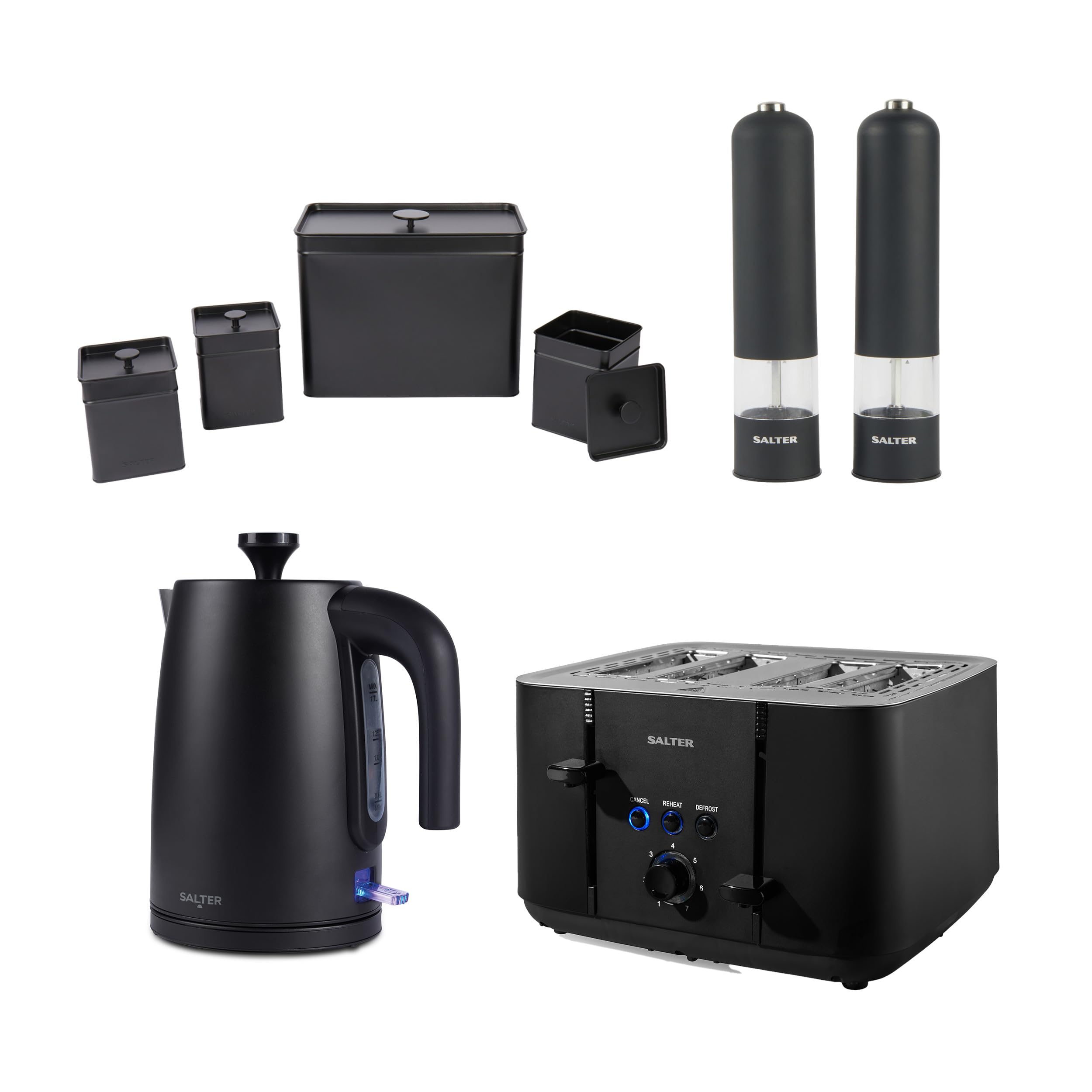 Salter Kuro 8-Piece Countertop & Seasoning Set - Electronic Salt & Pepper Mills, 1.7 Litre 3kW Fast Boil Kettle, 4-Slice Toaster with 7 Browning Levels, Carbon Steel Canisters & Bread Bin