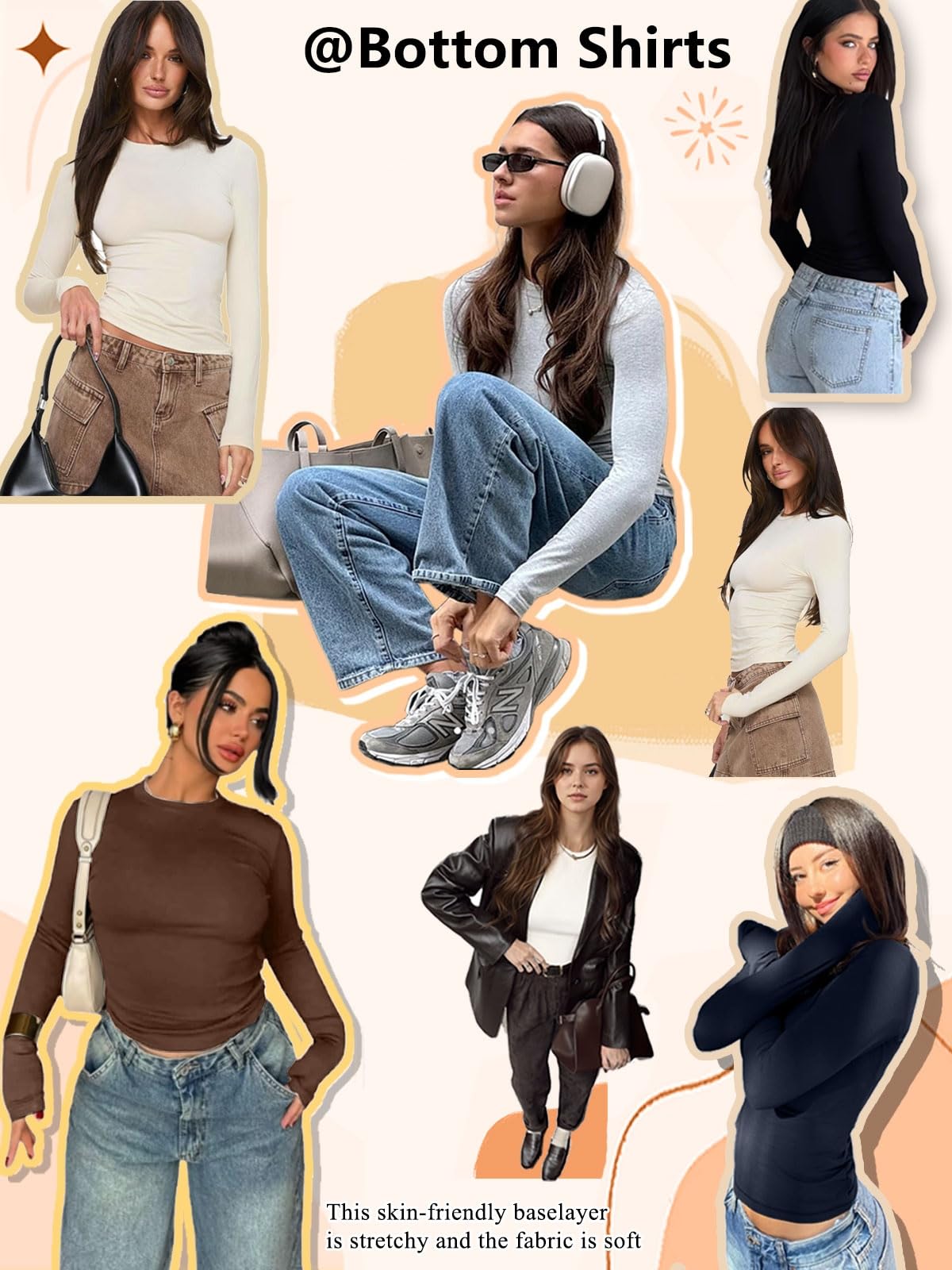 Yutdeng T-shirt à manches longues pour femme - Élégant - Col rond - Stretch - Coupe ajustée - Haut court Y2K - T-shirt basique confortable - Haut décontracté - Couche de base fine - Chaud