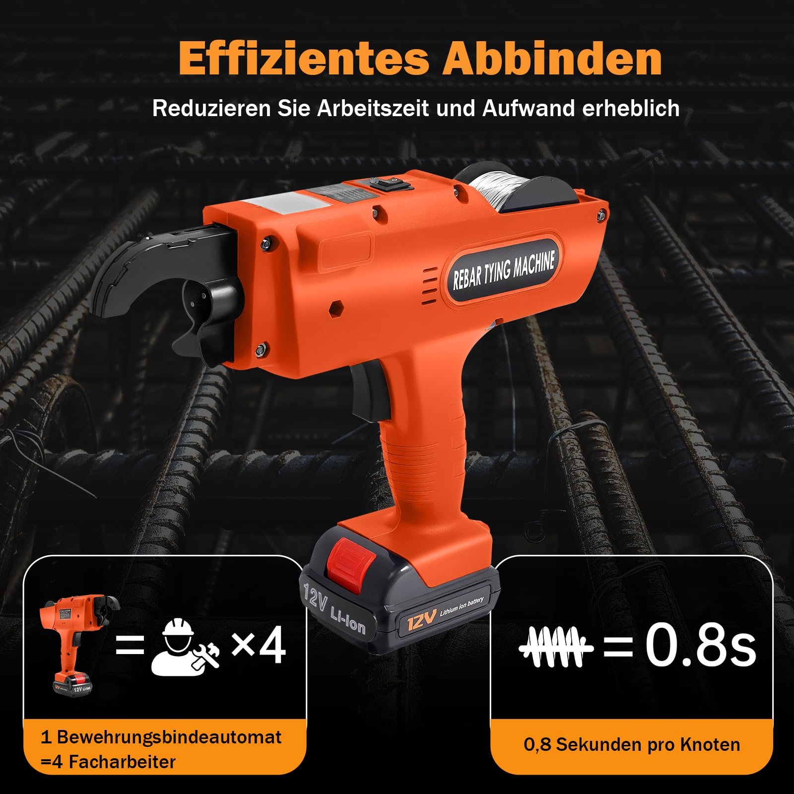 Akku Bewehrungsbindegerät für Φ8–34 mm Stahl, Drahtbindegerät 1500 Knoten pro Ladung, 0,8s Schnellbindung, inkl. 2×4500 mAh Akkus, 110m Bindedraht – Drahtbindemaschine für Baustellen, Tunnel
