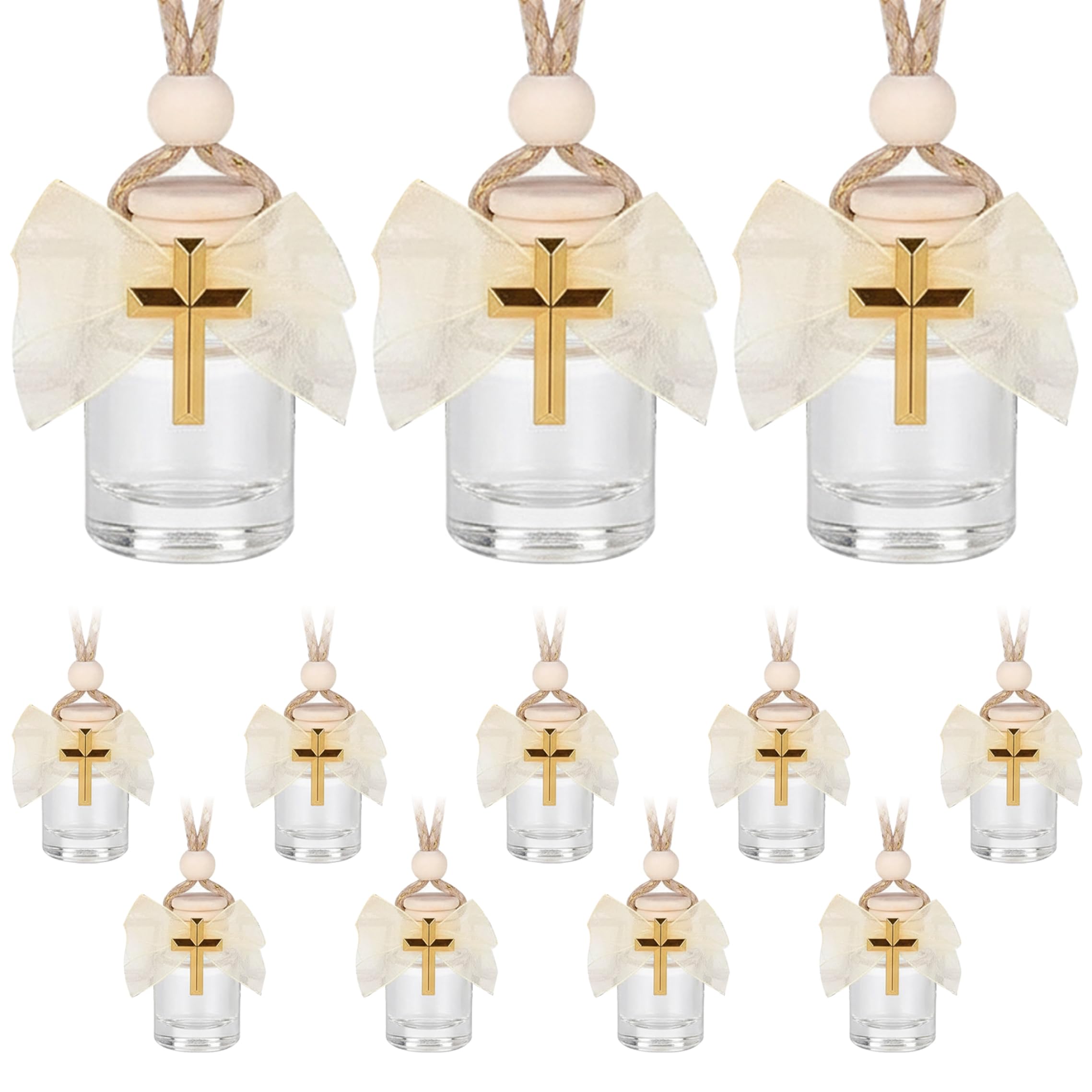 Takingup Holy Water Bottles, Mini Glass Bottles, with Wooden Stopper and Gold Cross, 12 Pcs, with Hanging Rope, for Baptism, White