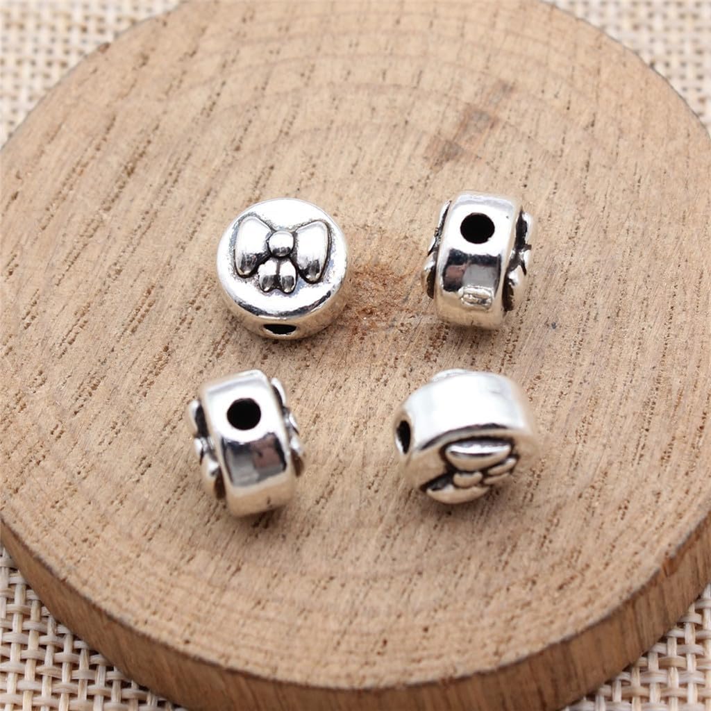 Double-Sided Bow Pattern Round Spacer Small Hole Beads for Jewelry Repair & Restyling, 10x10x7.8mm, Antique Silver Color, 10 Pieces