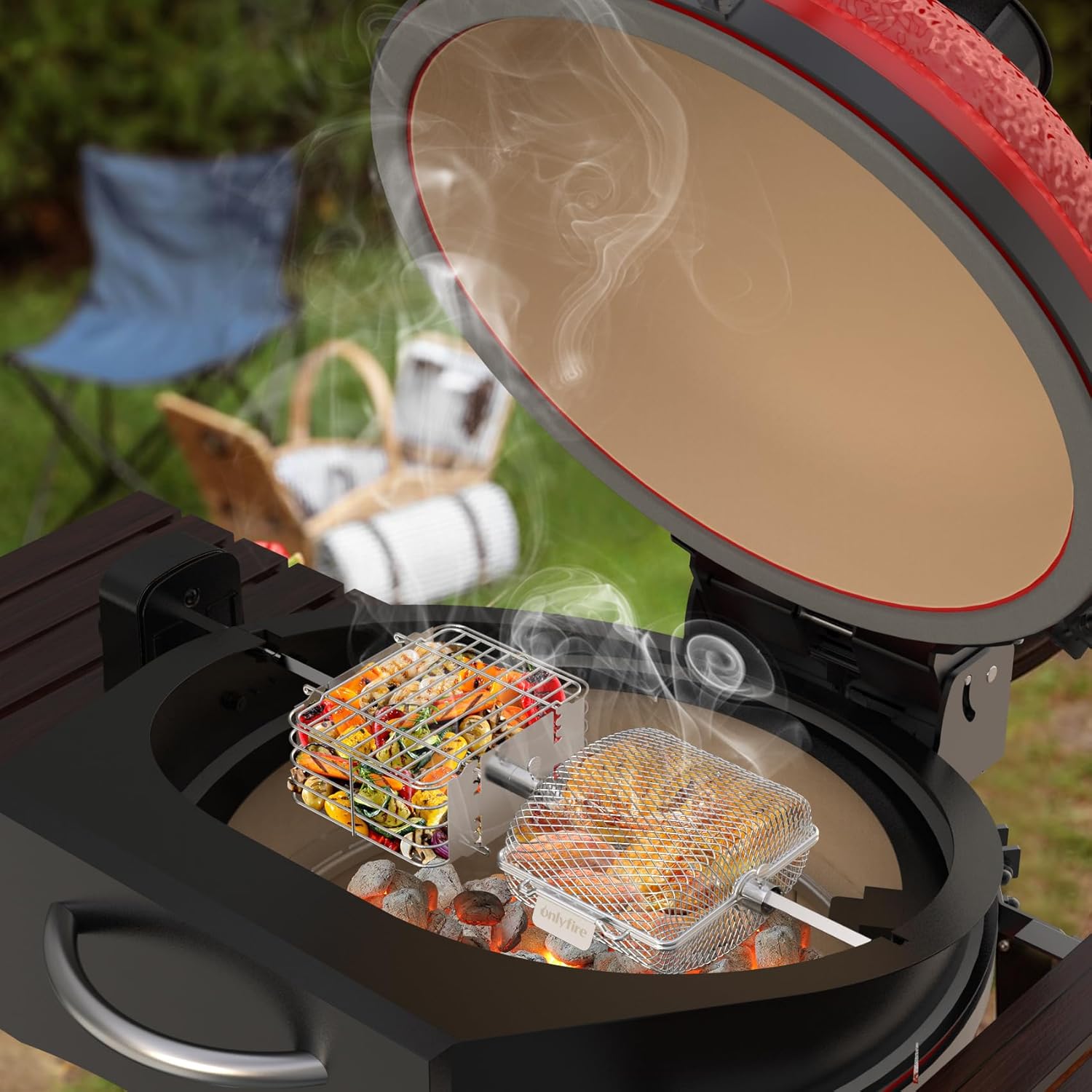 onlyfire Stainless Steel Rotisserie Basket Set, BBQ Grilling Basket for Most Charcoal and Gas Grills, Set of 2 - Flat + Round, Great for Cooking Veggies, Chicken Wings, Patatoes