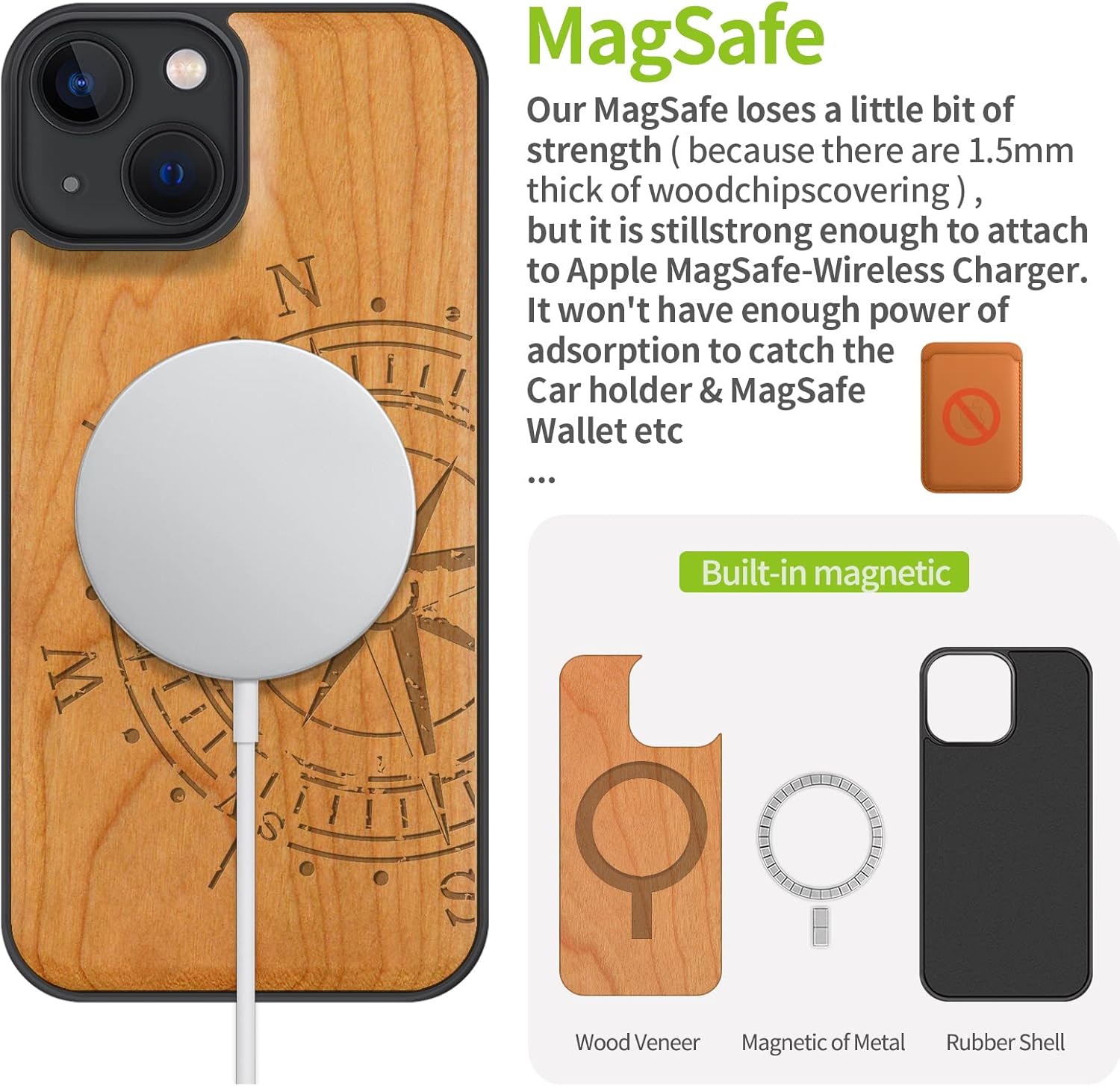 Carveit Magnetic Wood Case for iPhone 13 Case [Hard Real Wood & Soft TPU] Unique & Classy Wooden Shockproof Hybrid Protective Cover Compatible with MagSafe (Vintage Compass Carving-Cherry)