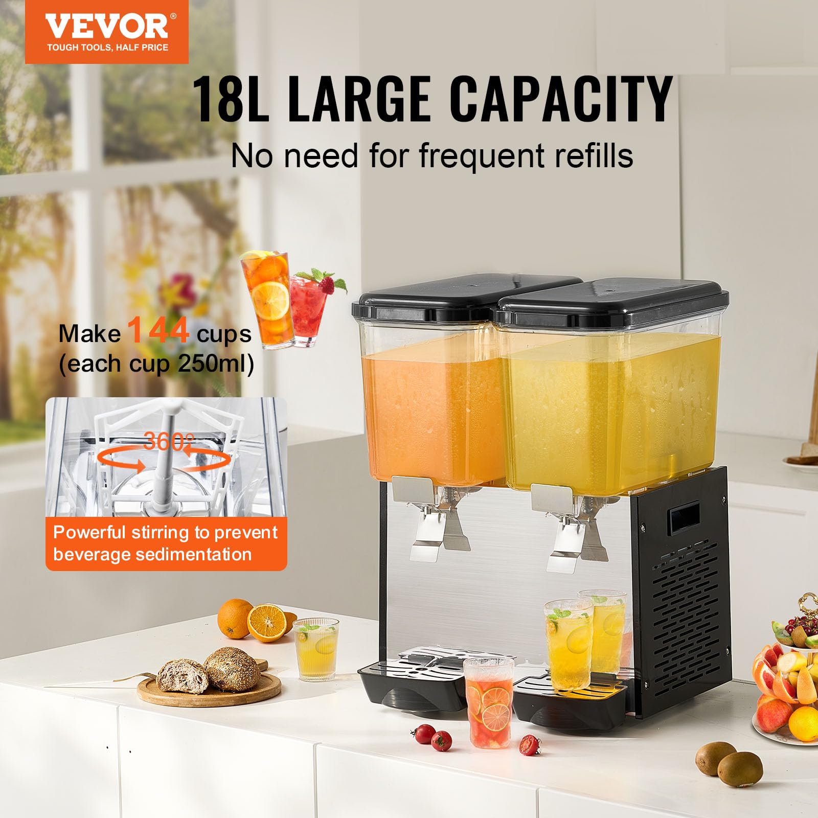 VEVOR Commercial Beverage Dispenser, 2 Tanks 18 L / 19 QT Per Tank Juice Dispenser, 370W Stainless Steel Ice Tea Drink Machine with 45°F-54°F Cooling Temperature, for Cold Drink Restaurant Bar Party