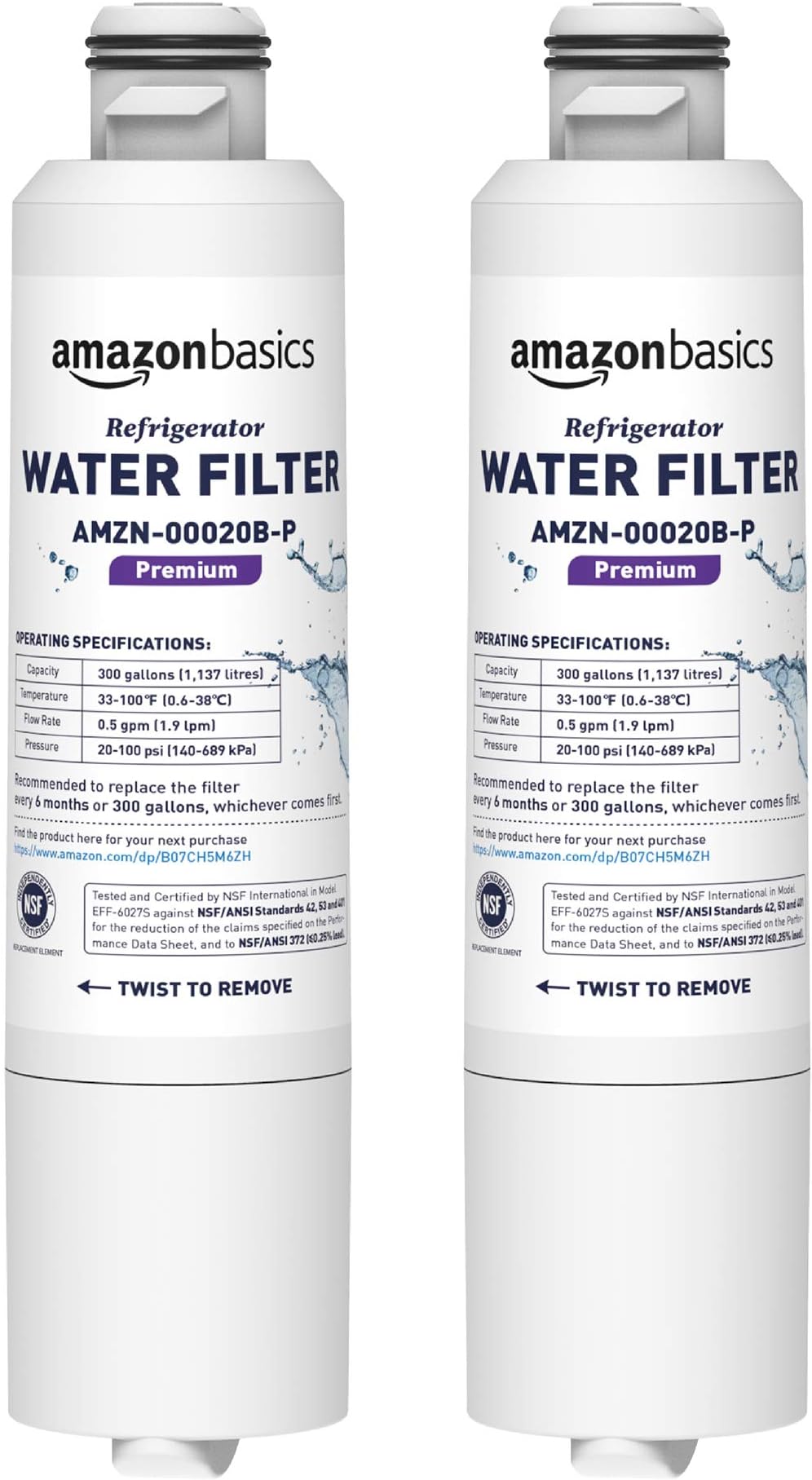 Amazon Basics Replacement Samsung DA29-00020B Refrigerator Water Filter - Premium Filtration - 2-Pack