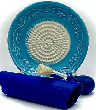 BonCera, All-in-one Premium Ceramic Garlic Grater Plate 4-Piece Set - Sky Blue Floral Edge Design - For Garlic, Ginger, Chocolate, and more! - with 5" Plate, Peeler, Brush, and Stand
