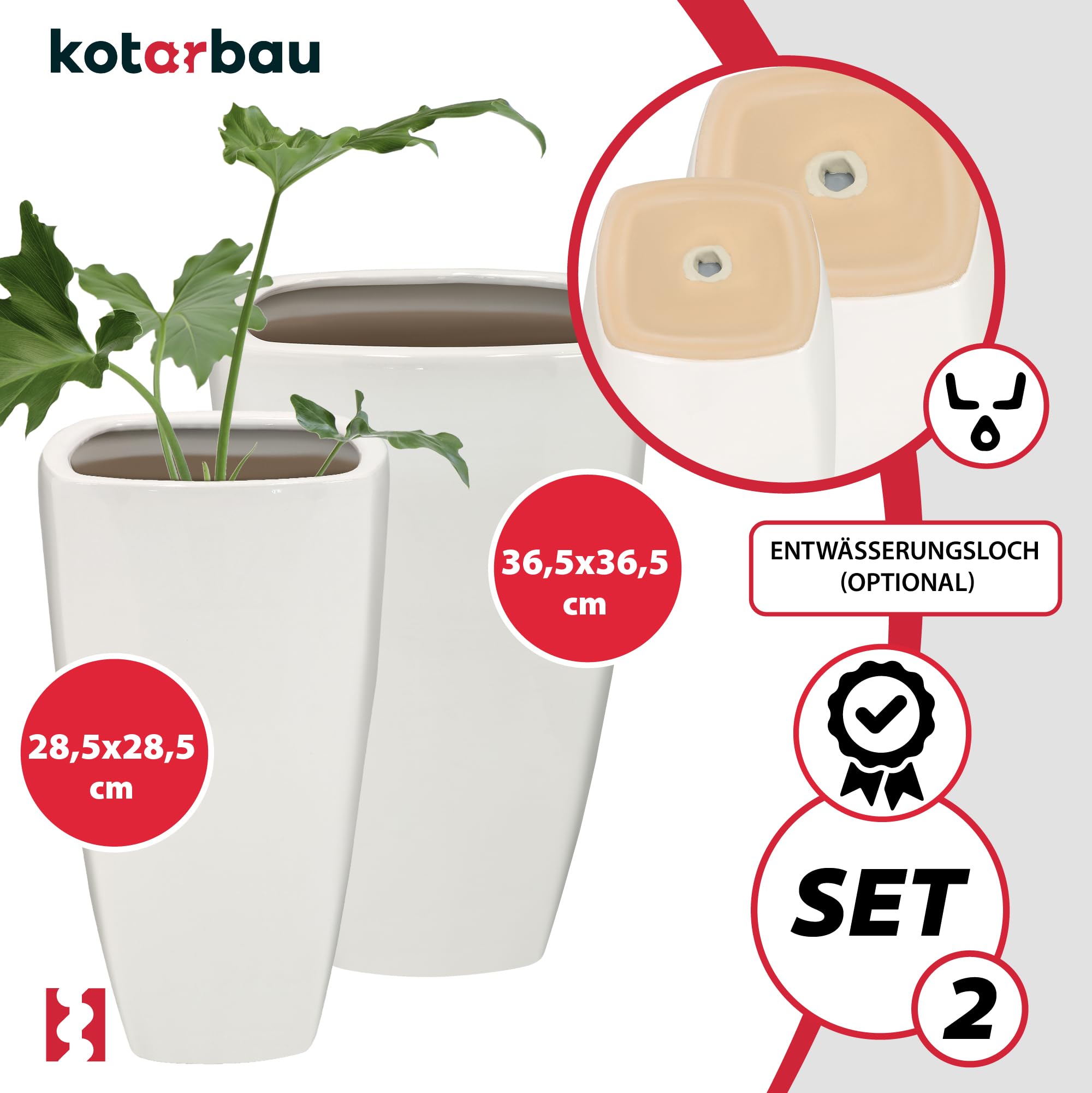 KOTARBAU® Zestaw 2 doniczek 56 cm i 59 cm białe doniczki ceramiczne z odpływem wody | ceramiczna osłona na kwiaty | ceramiczna osłona na kwiaty | doniczka z błyszczącym wykończeniem