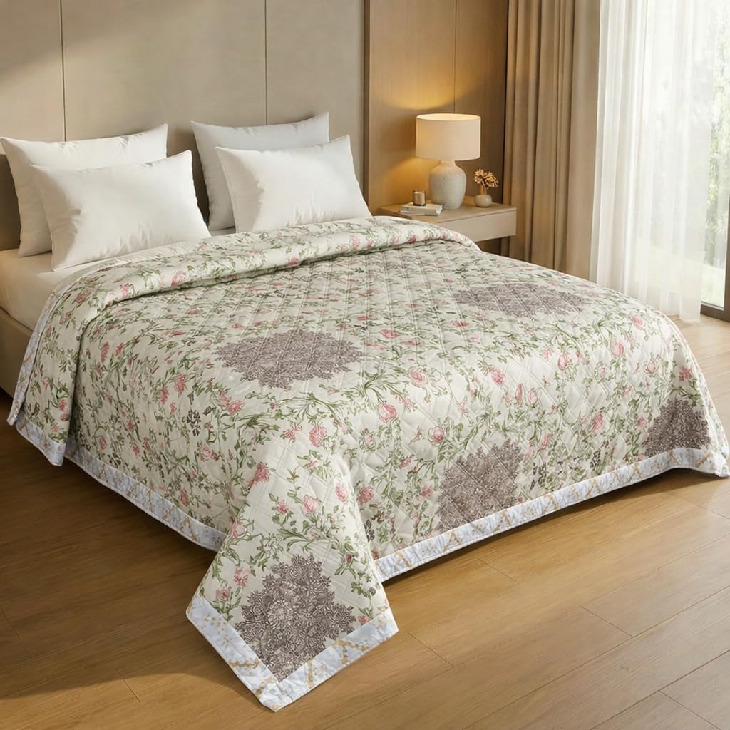 BSB HOME 220 GSM Microfiber Double Bed Comforter, Ultra Soft All Season Quilt, Floral Printed Lightweight Warm Blanket, Durable & Breathable Bedding – 225 x 220 cm (Blush Meadow Bloom)