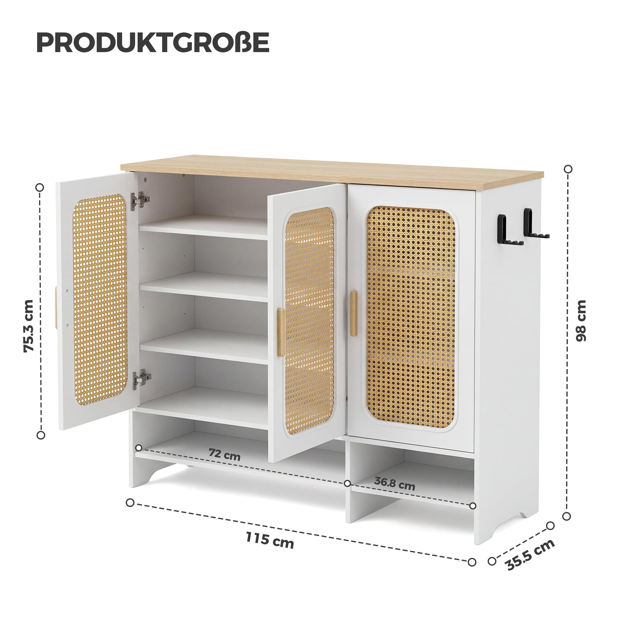 BonVache Weißer Schuhschrank mit Rattan, für Männer Größe Schuhe, Schuhschrank für Wohnzimmer und Foyer, 35.5×115×98.3 cm