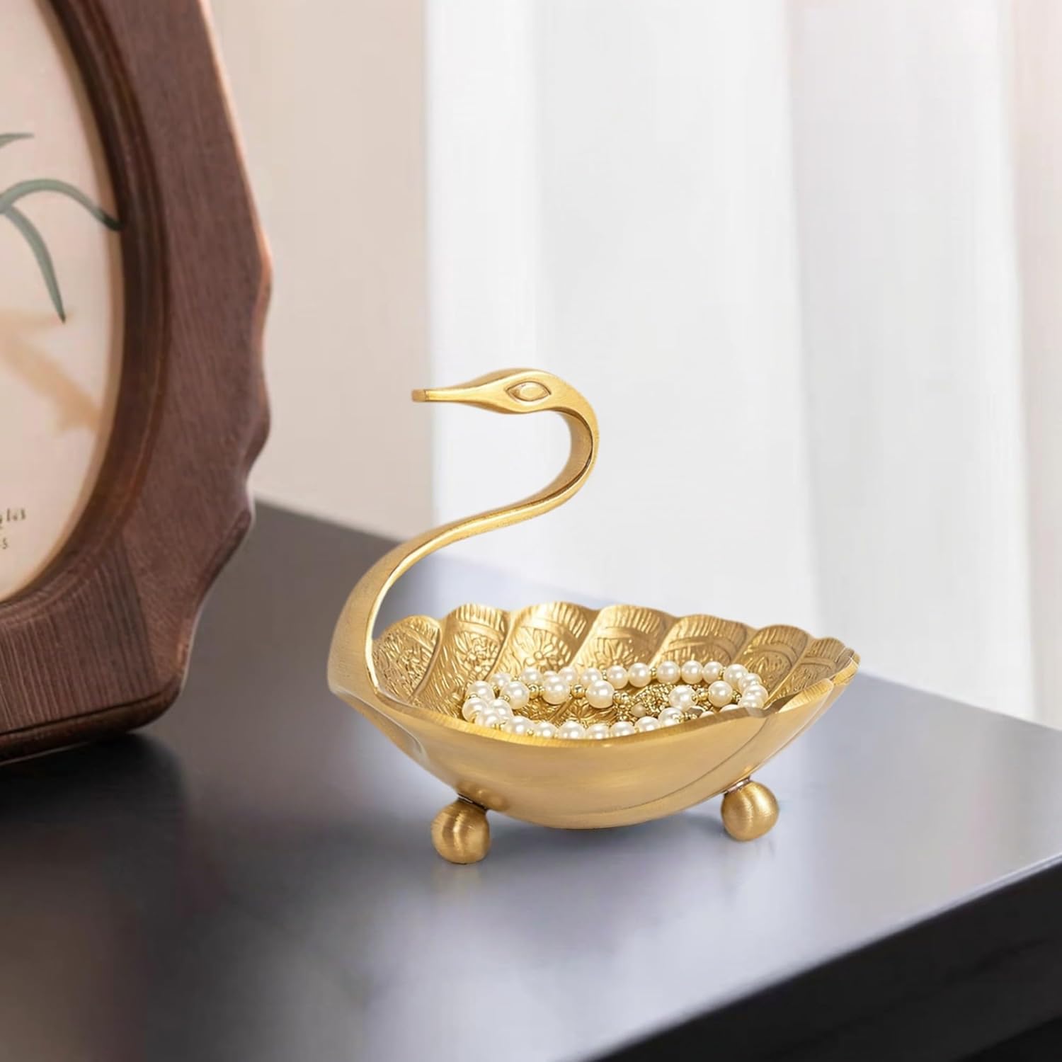 Vintage Brass Peacock Jewelry Dish Bowl Ring Earring Holder Trinket Tray Small Decorative Metal Tray Mother's Day Birthday Christmas Gifts for Women (Gold)