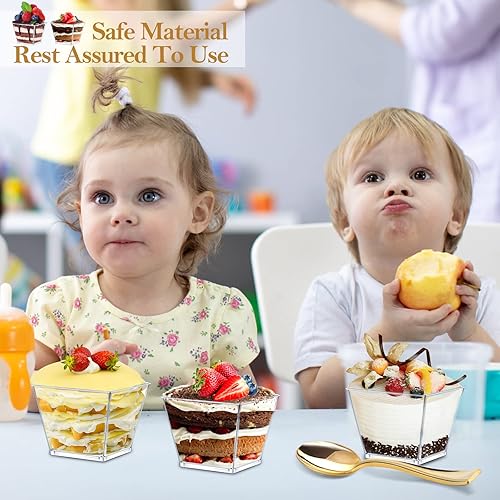 Miniatura 6 de Dingion Juego de 400 tazas de postre de plástico de 4 onzas con cuchara, 200 tazas cuadradas de mousses y 200 cucharas de degustación con purpurina