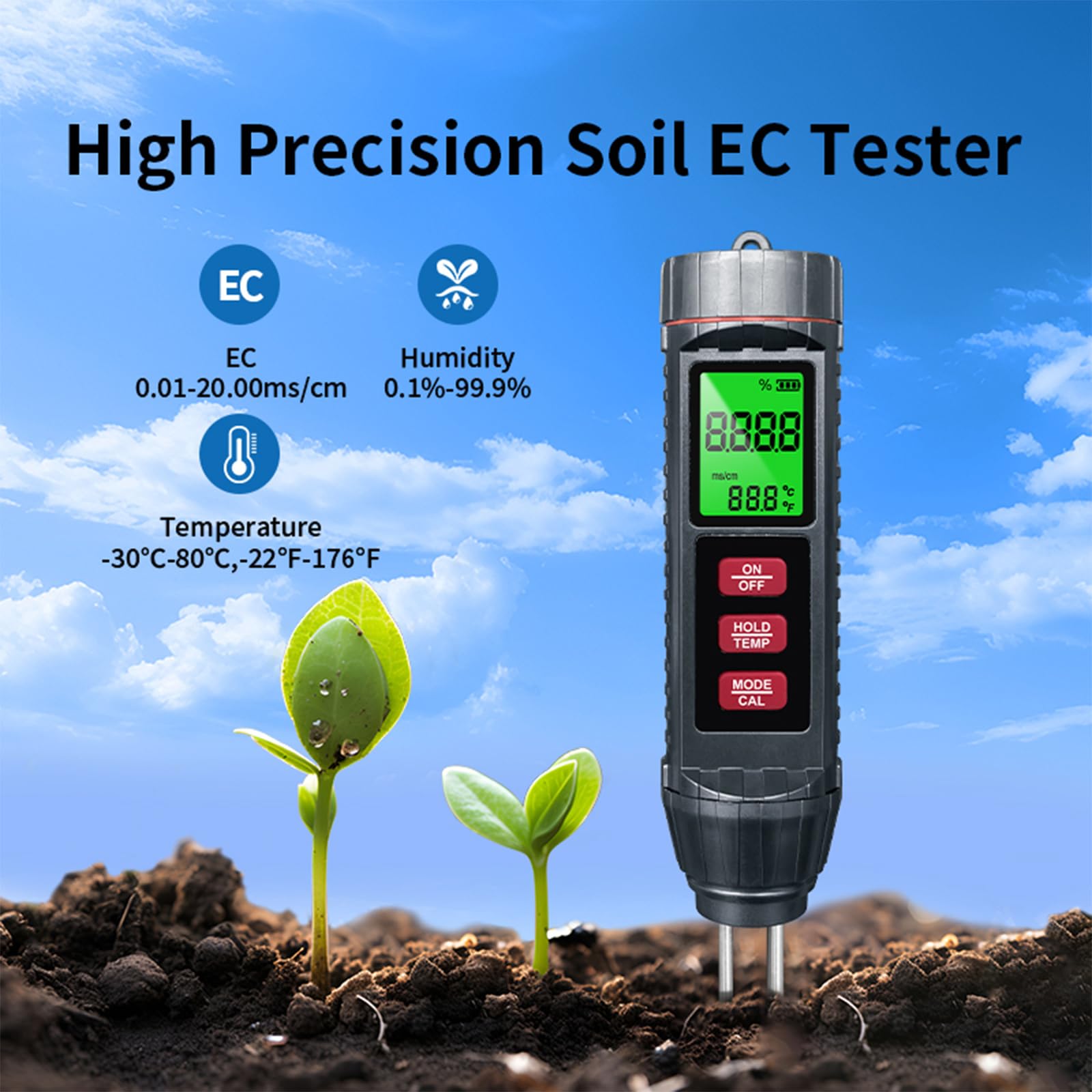 Misuratore di temperatura del suolo portatile per applicazioni in agricoltura e giardino, tester compatto di conducibilità del suolo con rilevamento della temperatura dell'umidità in serre, laboratori