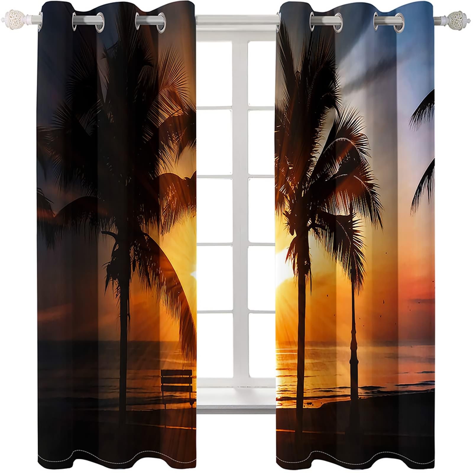 Vorhänge mit Ösen Blickdicht, Verdunklungsvorhänge Sonnenuntergang Kokospalme Landschaft 2er Set H 138 x B 96 cm Wohnzimmer Gardinen