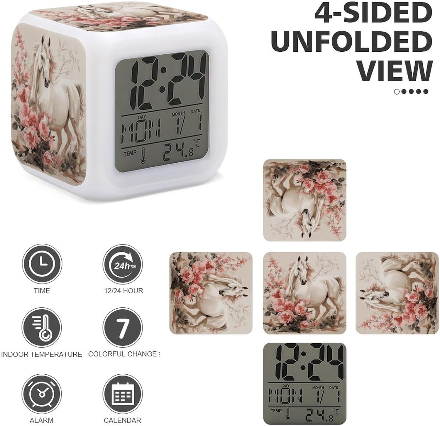 Horse Image Alarm Clock NightLight Alarm Clock with 7 Color Changing Night Light Smart Digital Clocks Temperature Date for Heavy Sleepers Simple Operation Easy to Use image 4
