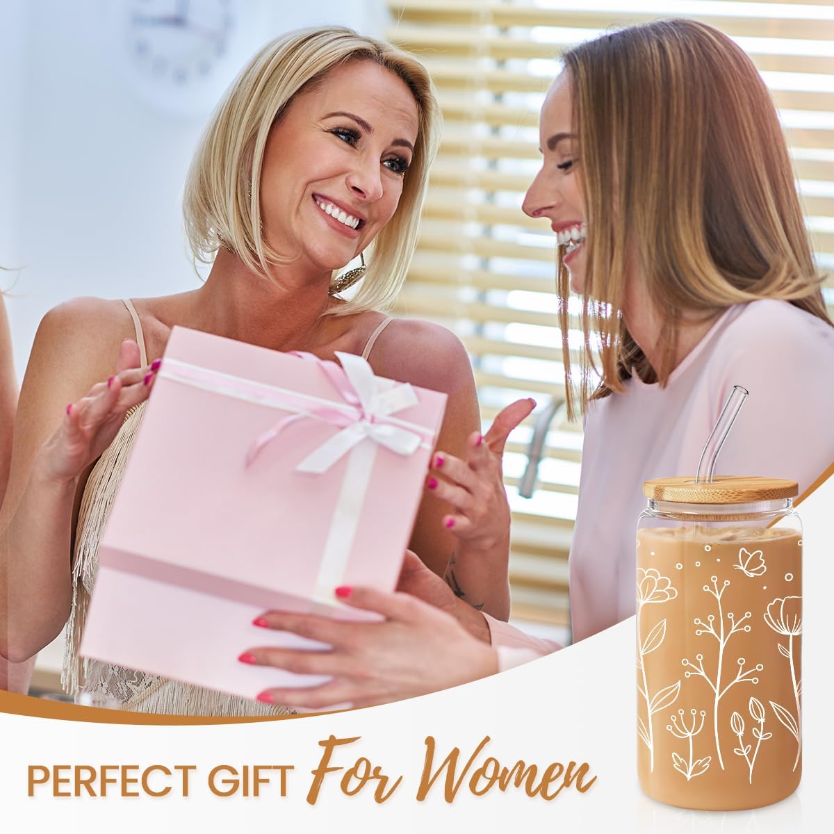 SANDJEST Floral Cup 16 Oz Can Glass with Bamboo Lid and Straw - Flower Glass Cup Gifts for Women - Wildflower Drinking Coffee Gifts - Image 5