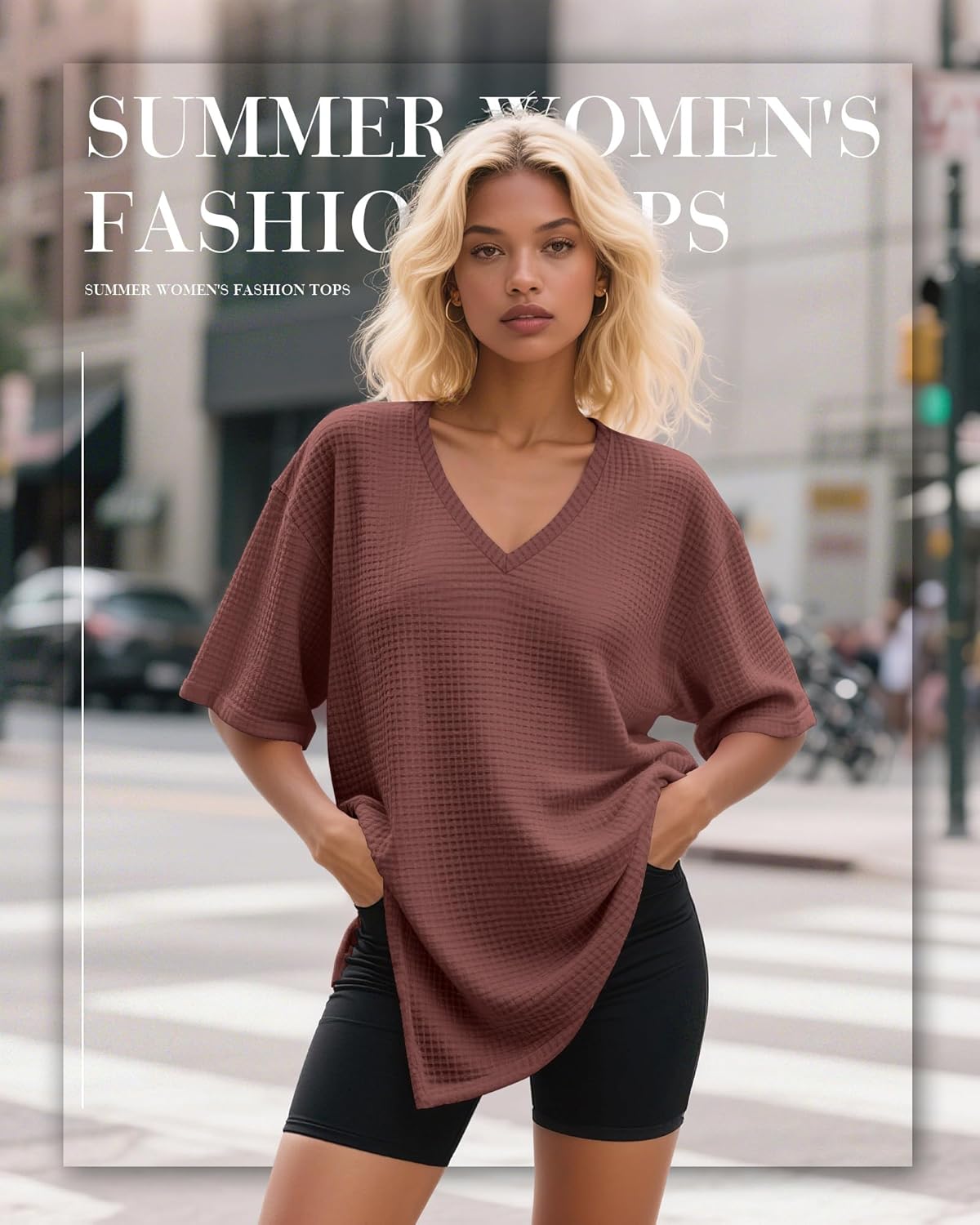 Huukeay 3 Pack Oversized T Shirts for Women V Neck Side Slit Tees Loose Fit Waffle Knit Workout Baggy Short Sleeve Tops - Image 2