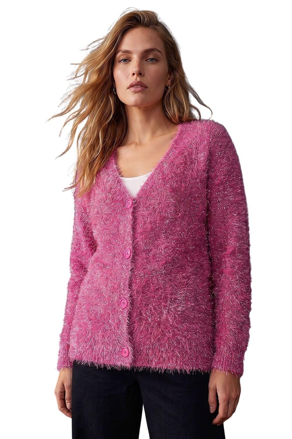 Roman Women's Cerise Buttoned Tinsel Knit Cardigan Size 20