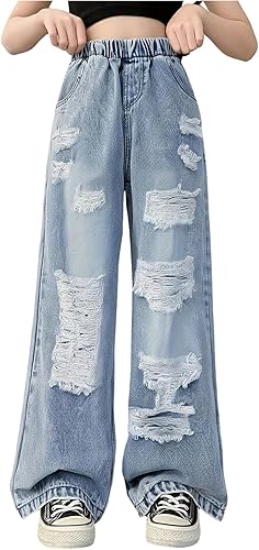 GORGLITTER Girl's Wide Leg Baggy Jeans Cute High Waist Ripped Distressed Elastic