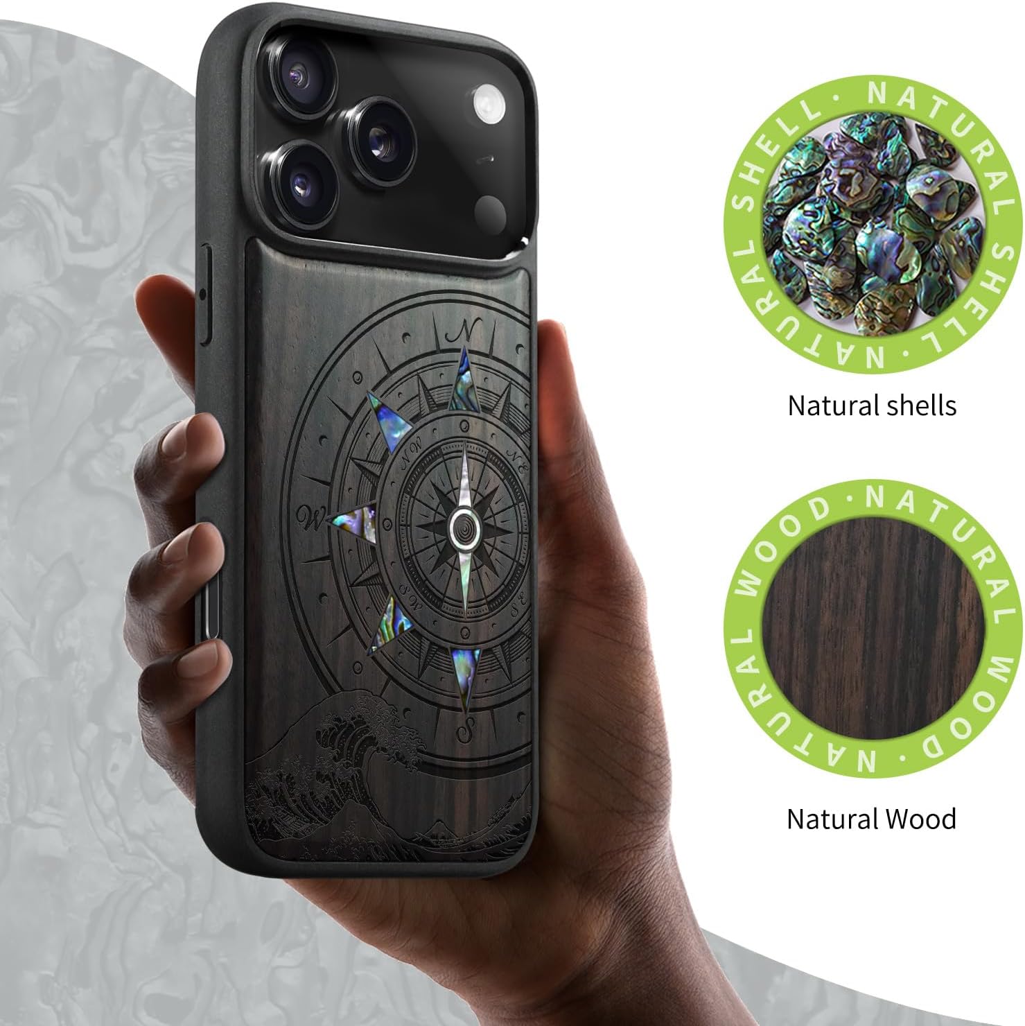 Carveit Magnetic Case for iPhone 17 Pro Case, Wood Artisan Engraved & Handmade Shell Inlaid, TPU Shockproof Cover, Compatible with MagSafe Wireless Chargers (Wave Compass-Blackwood)