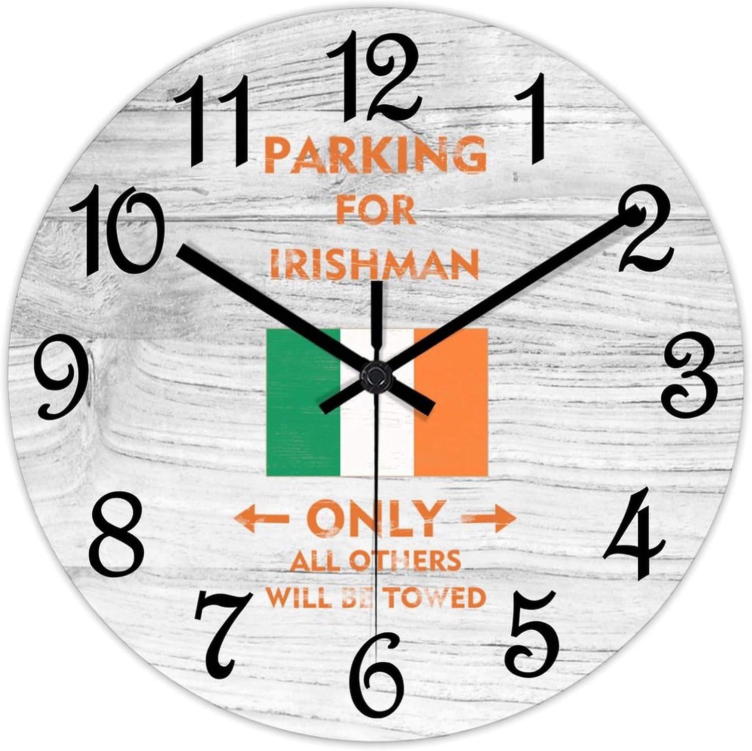 Ireland Flag Wooden Wall Clock Parking for Irishman Only All Others Will Be Towed Hanging Wall Clock Battery Operated Non-Ticking Sweep 15 Inch Rustic Chic Farmhouse Wall Clock For Wall Laundry