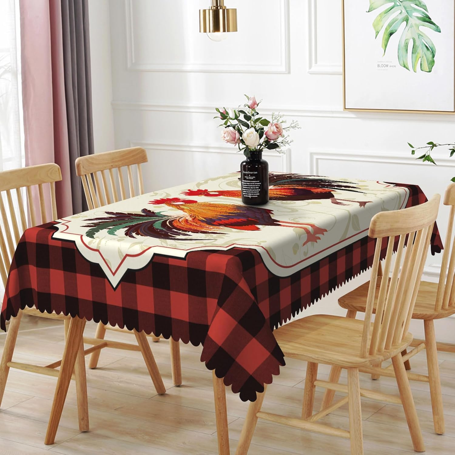 Red Rooster Tablecloth 70x120 Inch Rustic Farm Roosters Red Plaid Fabric Table Cloth Polyester Anti-Wrinkle Reusable Rectangle Table Cover for Cottage Farmhouse Theme Party Dining Room Decor