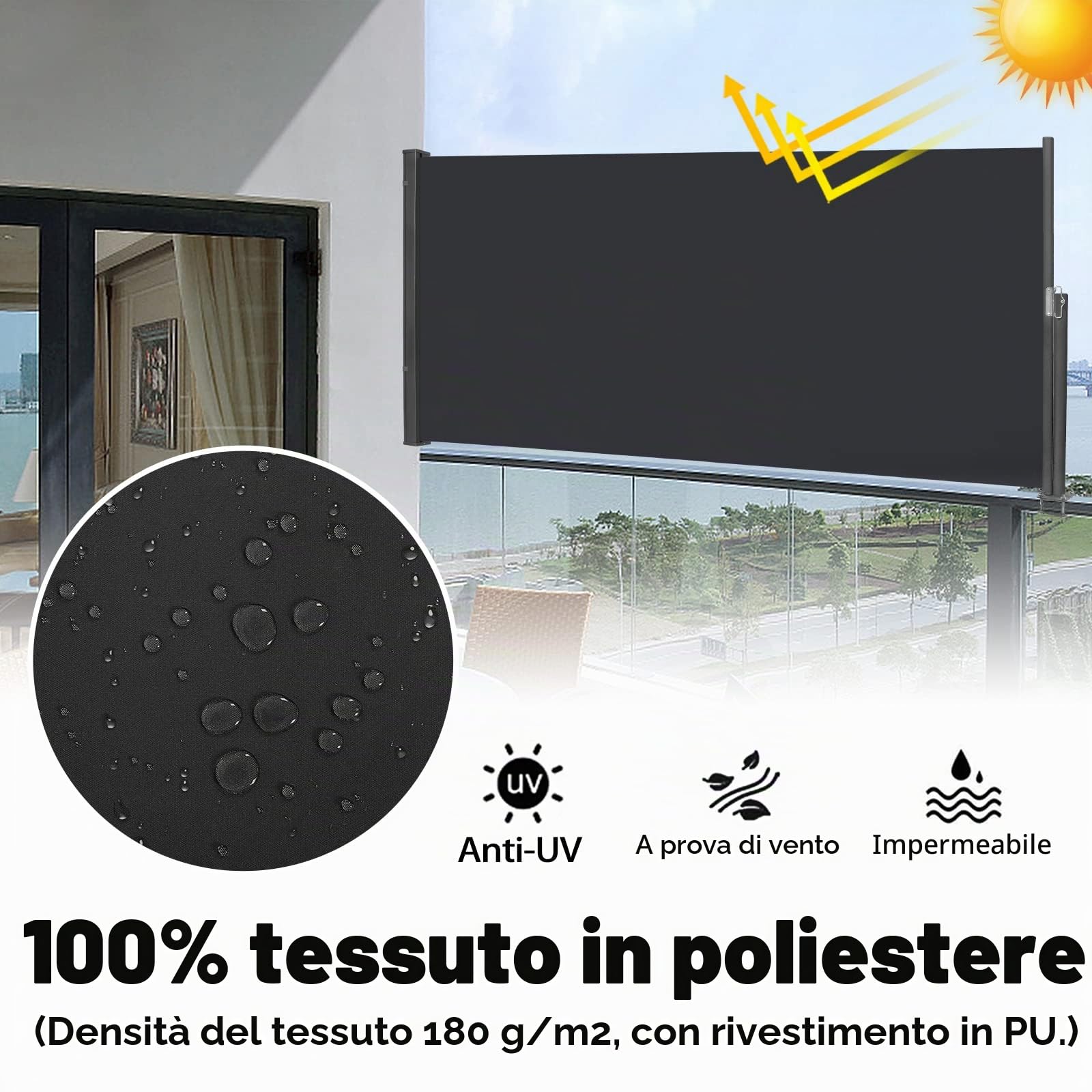UISEBRT Tenda da sole laterale estensibile, 100 x 300 cm, per balcone, tenda da sole, protezione dal vento per terrazza, balcone, giardino, antracite