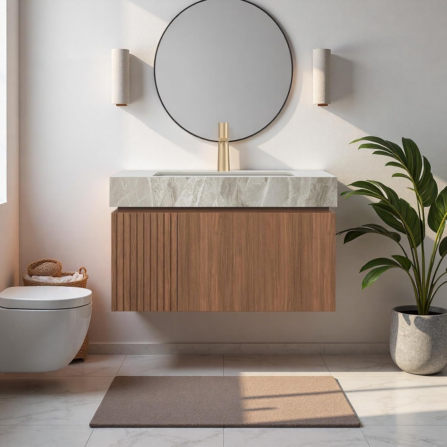 30" Bathroom Vanity with Sink, Wall-Mounted Plywood Bathroom Storage Cabinet with Ceramic Basin & Sintered Stone Countertop, Modern Pre-Assembled Floating Vanity with Drawer & Door, Brown Oak