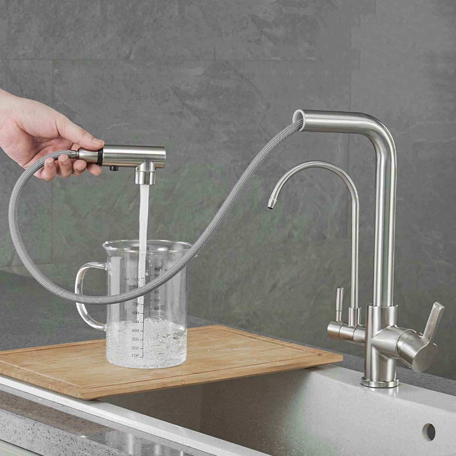 ZYCHSJXA 3 Way Pull Out Kitchen Tap Swivel Brass Sink Taps Mixer Double Handle-Brushed