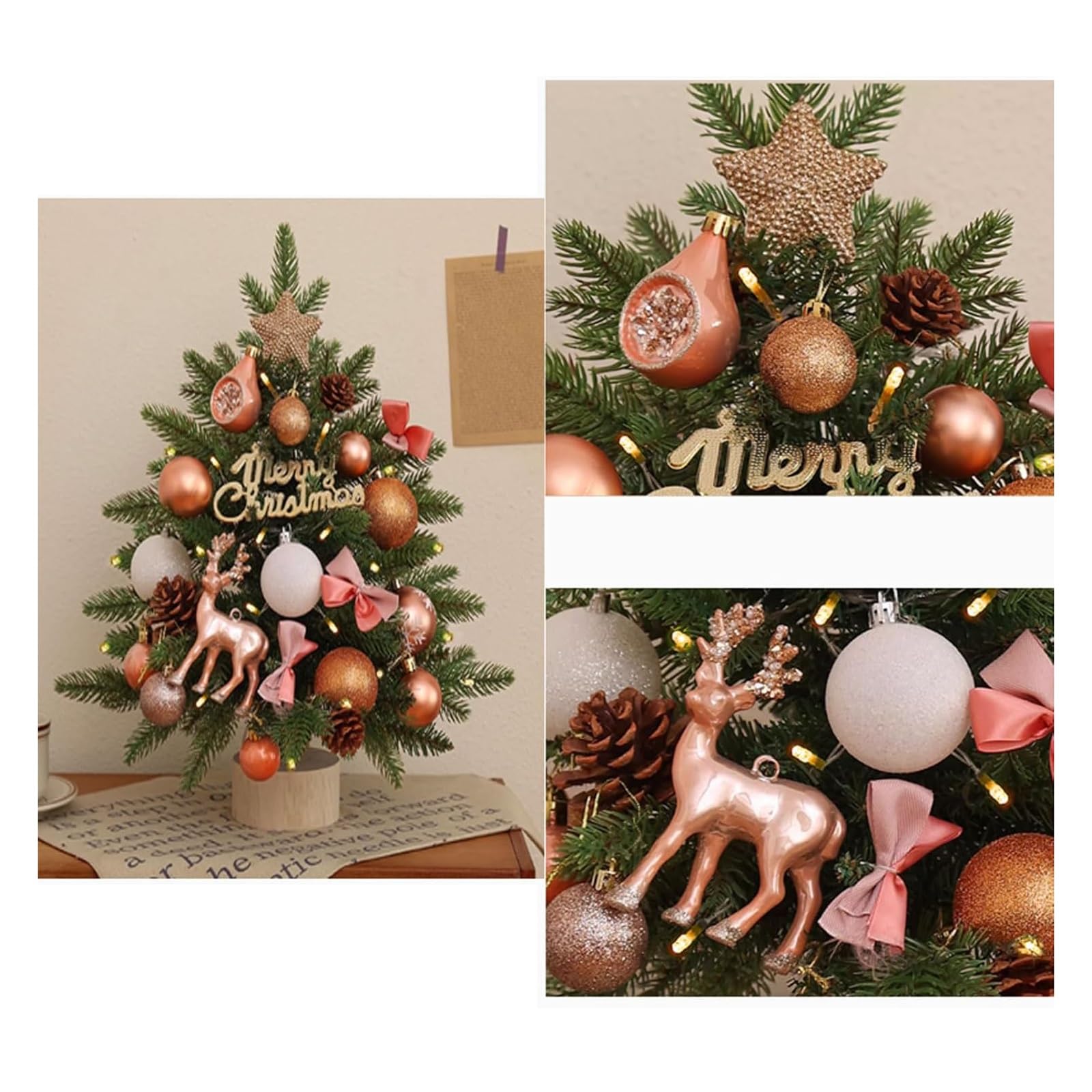 Mini choinka 45 cm / 60 cm ze światłami, wykwintna choinka stołowa na biurko, dekoracja biura do wnętrz DIY sztuczne rośliny (biały, 60 cm)